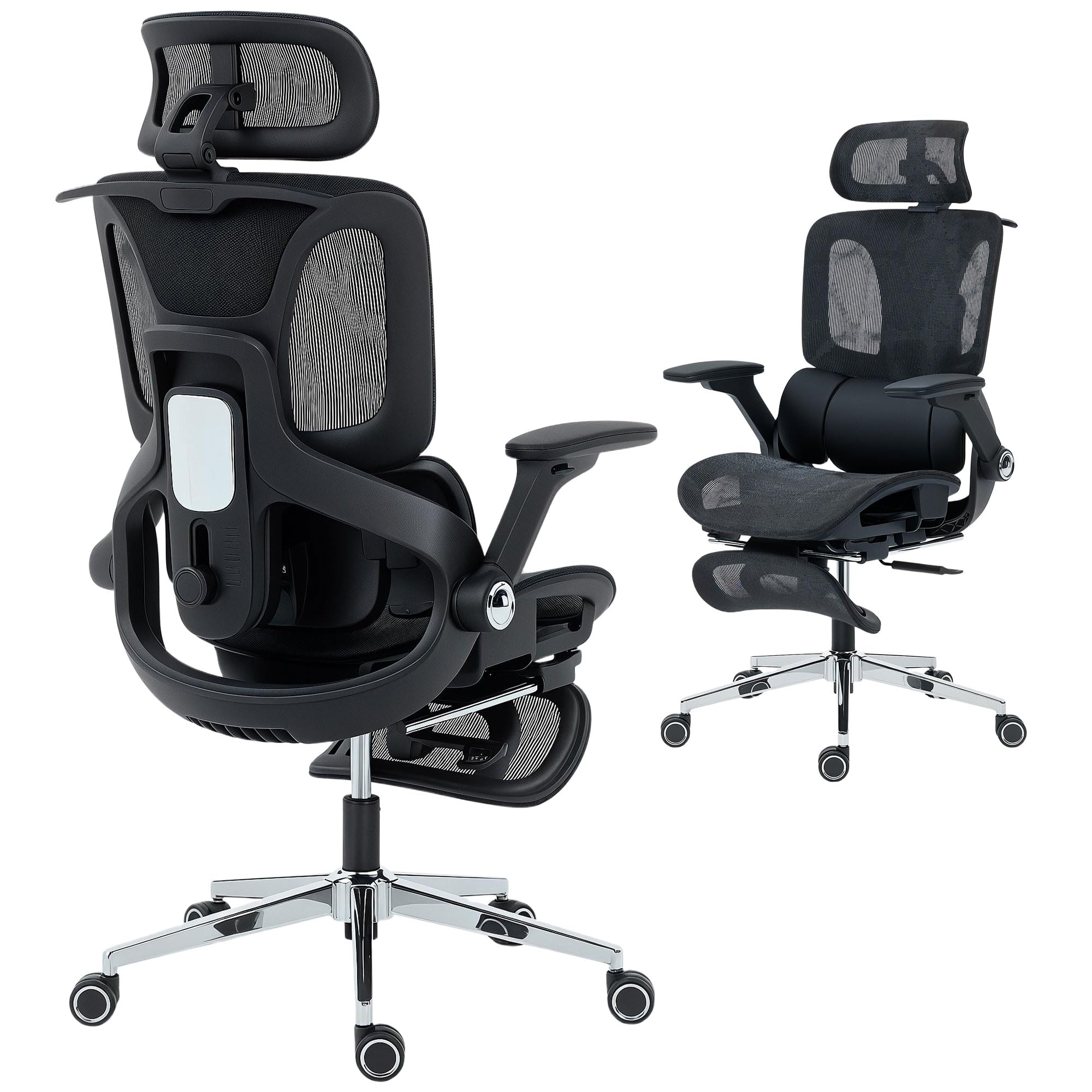 HOMCOM Silla de Escritorio Ergonómica con Reposapiés, Malla Transpirable | Silla de Oficina Giratoria, Respaldo Reclinable y Alto, Soporte Lumbar, Reposacabezas Ajustable, Reposabrazos 4D, Ruedas