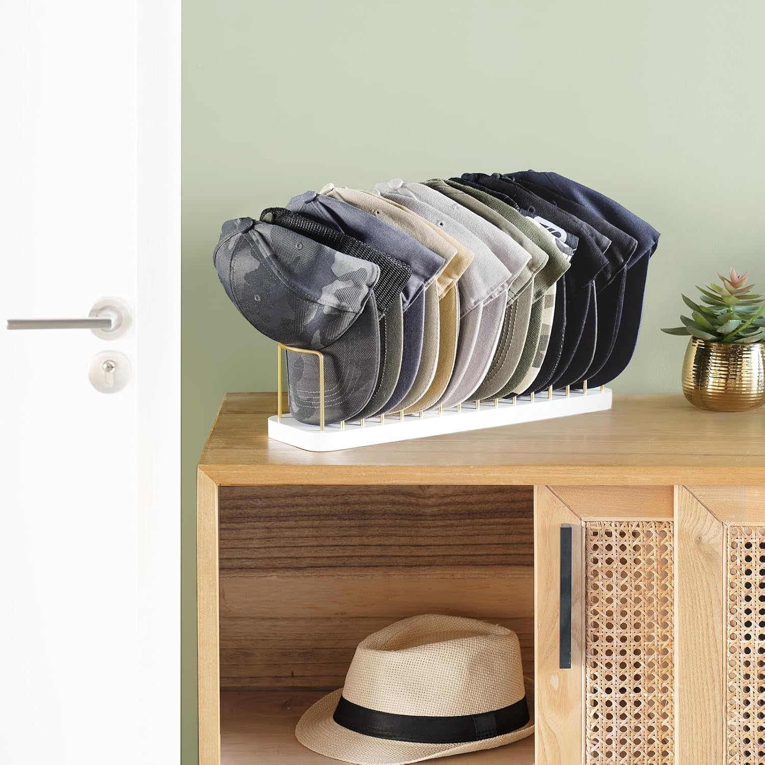 Mkono Hat Organizer for Baseball Caps, Hat Holder for 15 Baseball Caps, Tabletop Hat Rack Stand Storage Display Cap Organizer for Desk Closet Shelf Dresser (White, Medium) White Medium