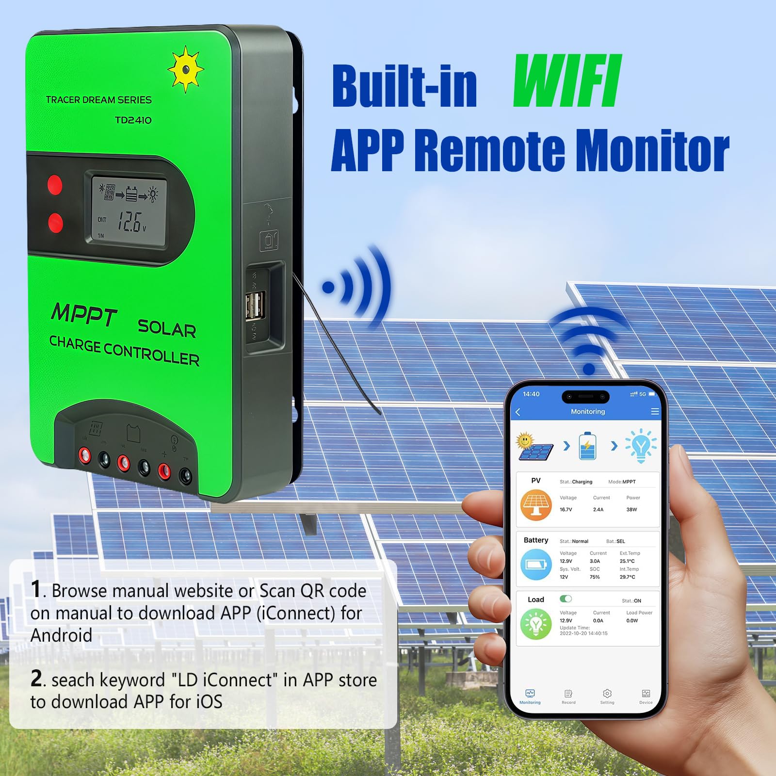 Régulateur de charge solaire MPPT 12 V/24 V (WiFi) avec écran LCD, prend en charge le contrôle APP, régulateur de charge MPPT pour batteries AGM/gel-plomb-acide, Li-Ion/LFP (40 A)