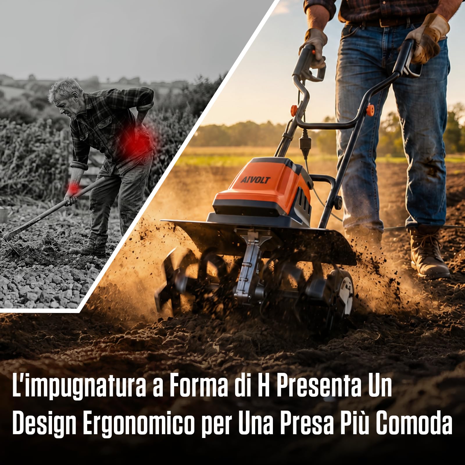 AIVOLT Motozappa Elettrica 1800W con 24 Denti in Acciaio, Zappatrice Pieghevole 380 giri/min, Larghezza 48cm, Profondità 22cm, Motozappa con Cavo per Giardino, Frutteto, Coltivazione e Semina