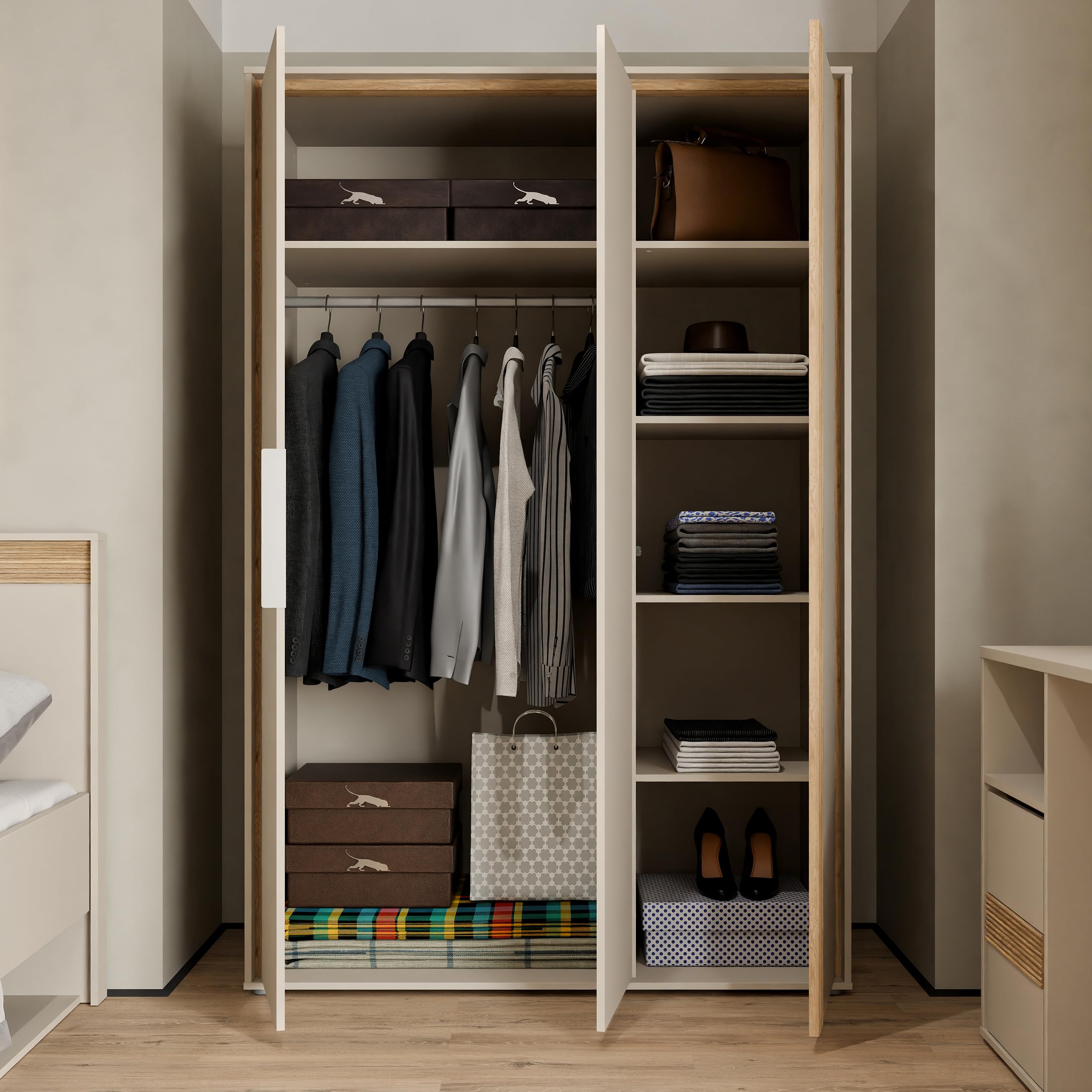 Forte WEXLIN Kleiderschrank 120 130, moderner Kleiderschrank, 2 Drehtüren, Kinder- und Jugendzimmer, Holzwerkstoff, Kaschmir|Beige|Mauvella Eiche Holzdekor, 126,3 cm breit x 193,7 cm hoch x 60 cm tief