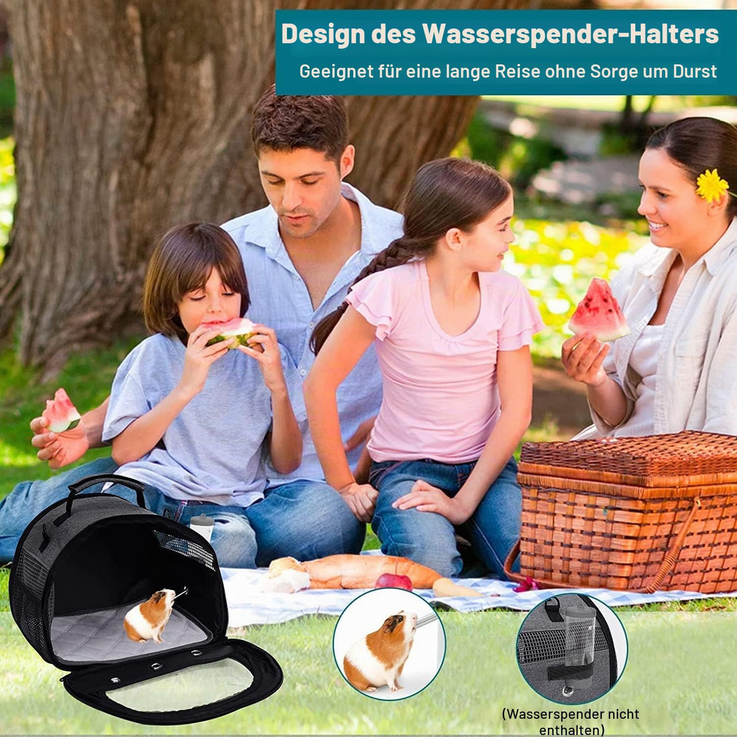 Faltbare Kleintier-Tragetasche mit Wasserflaschenhalter, Doppeltüren Design, Atmungsaktiv & Ausbruchsicher, Transporttasche für Meerschweinchen, Kaninchen, Hamster, Grau