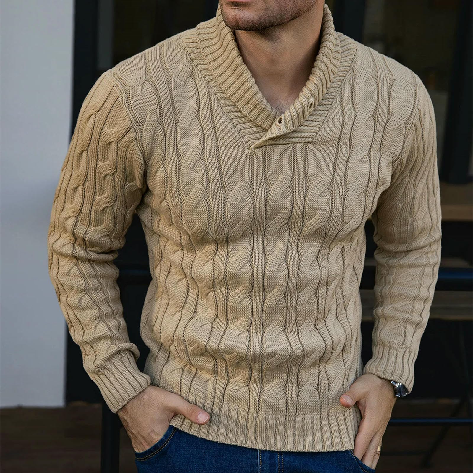 Jersey HombresuéTer Hombre Suéter De Punto Acanalado para Hombres Solapa Negocios Maduro Otoño Invierno Moda Y Adecuado Varios-Caqui-s