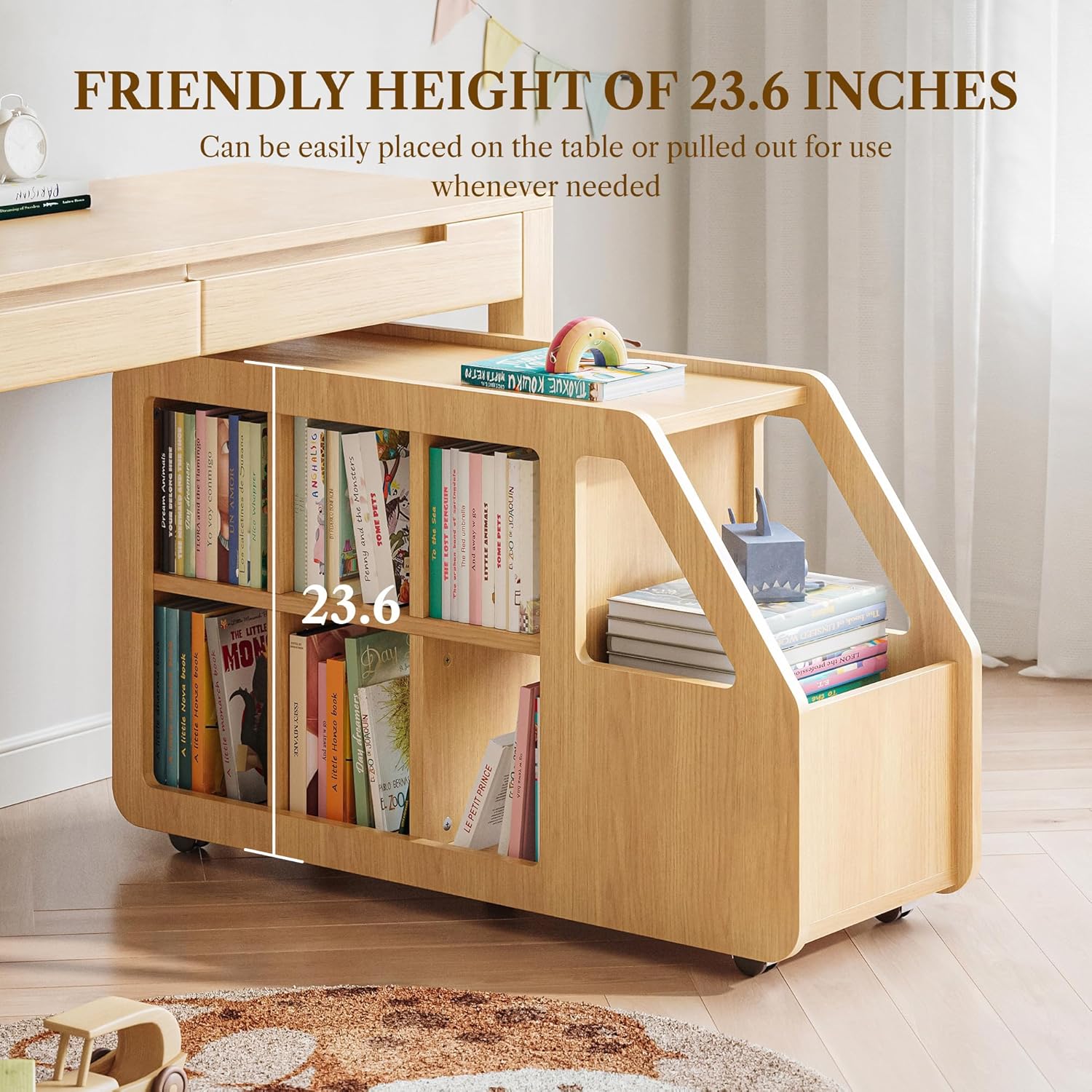 Toy Storage Organizer with Wheels, Car-Shaped Toy Chest with Open Shelf, Toy Storage Cubby, Movable Nursery Furniture for Playroom, Children's Room, Bedroom, Hallway, Natural