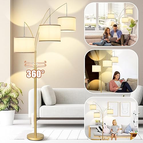 Miniatura 6 de Lámparas de pie de arco de 3 luces para sala de estar, lámpara de pie alta moderna dorada colgante sobre el sofá con sombras y base pesada, lámpara