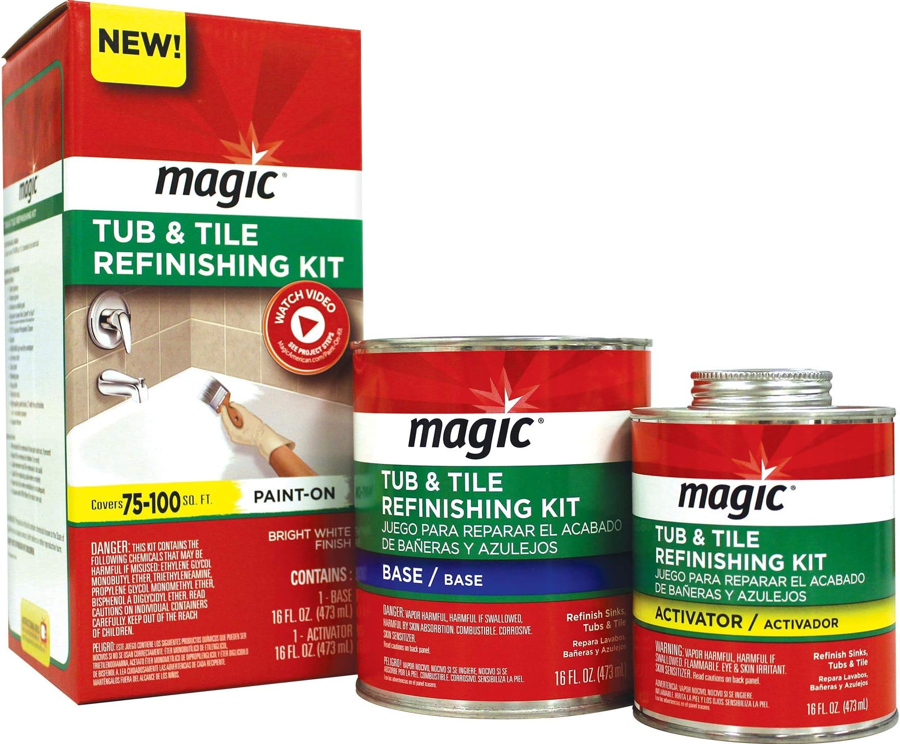 MAGIC 3124 Tub and Tile Refinishing Kit - Bright White - Paint On - Works On Ceramic Porcelain Acrylic Fiberglass Surfaces