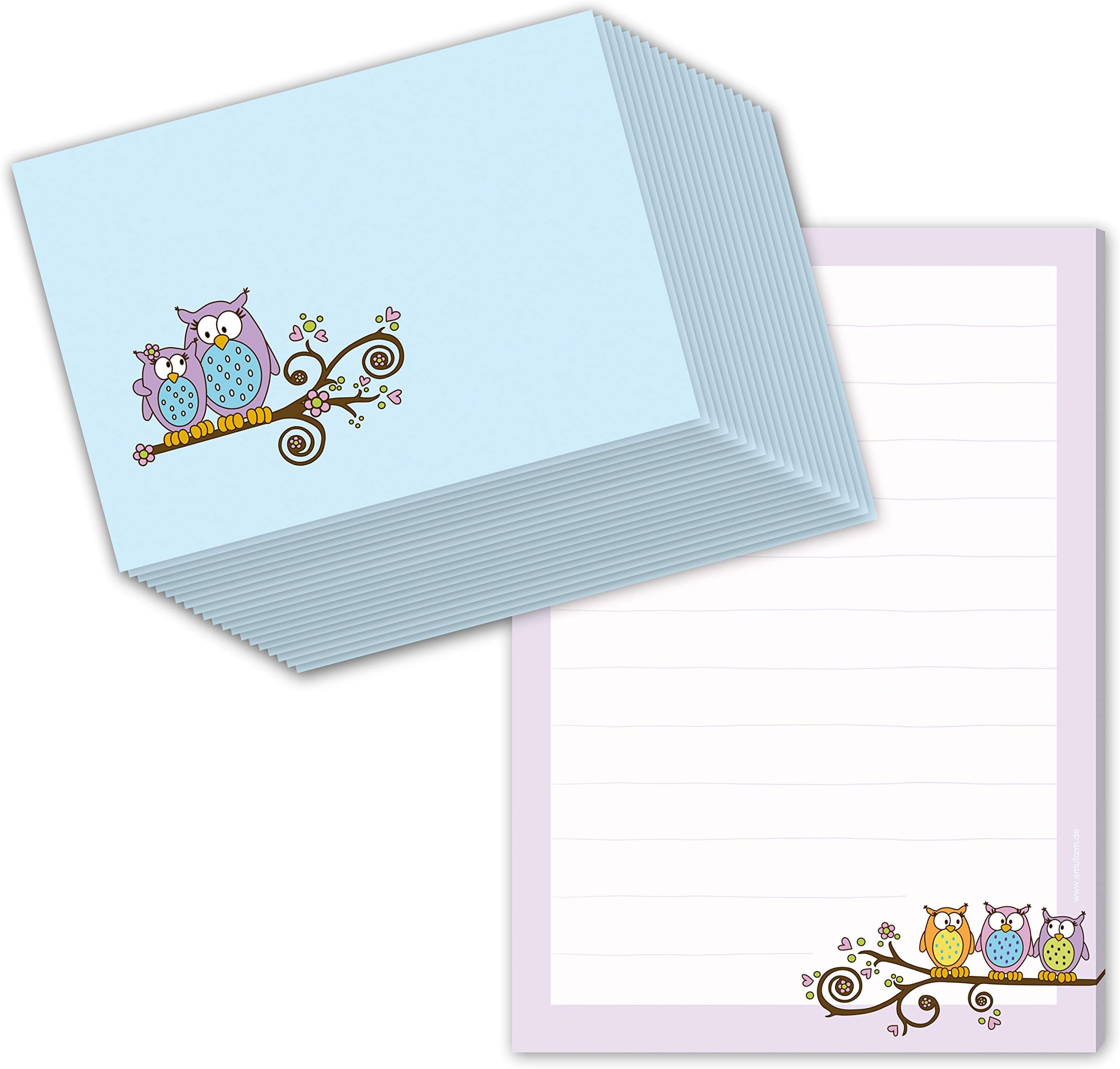Writing Paper Set for Children with Owls Design, DIN A5 (Lined 50 Sheets), Includes 20 Matching Envelopes / Stationery for Children / Letter paper for girls
