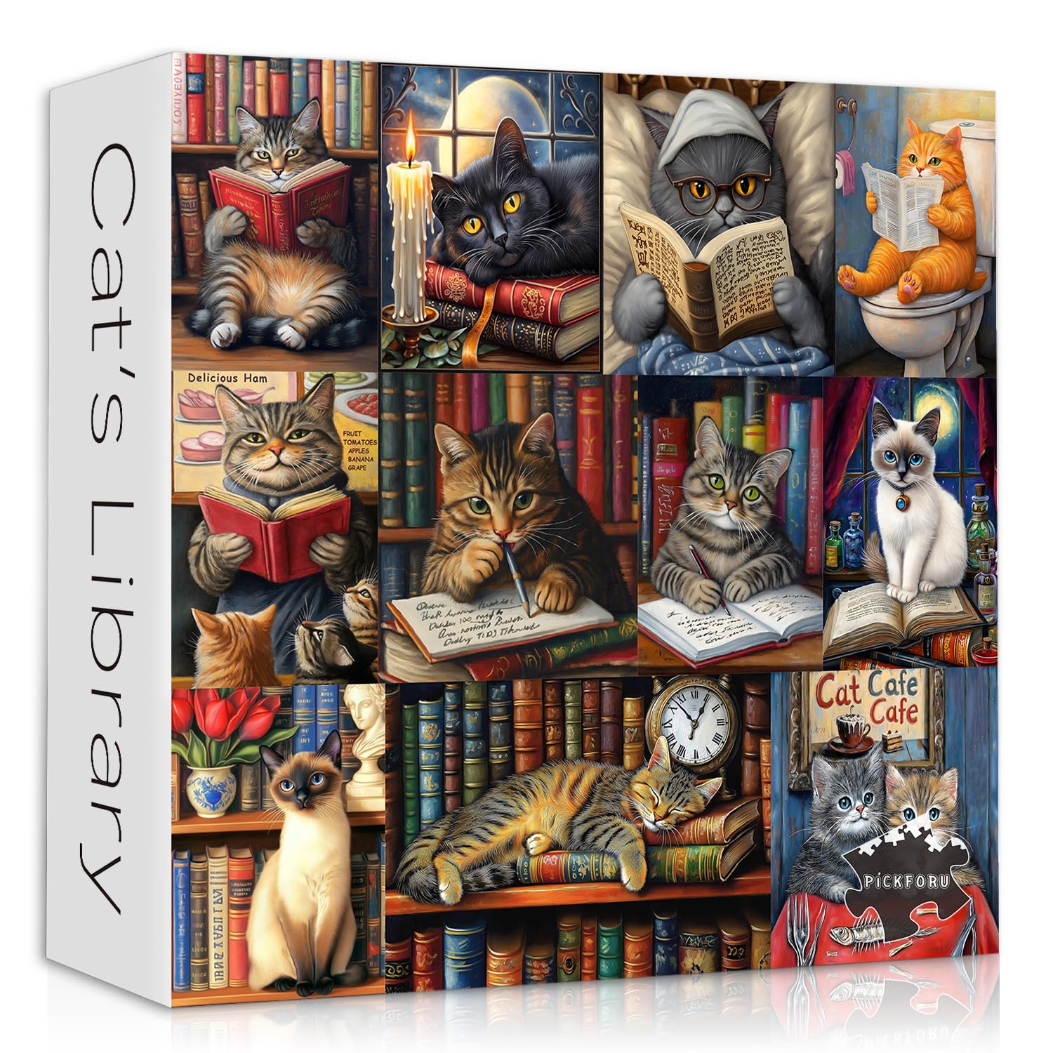 Vintage Cat Puzzles for Adults 1000 Pieces,PICKFORU Retro Cat Library Themed, Book Kitten Bookshelf Jigsaw Puzzles Collage Challenge