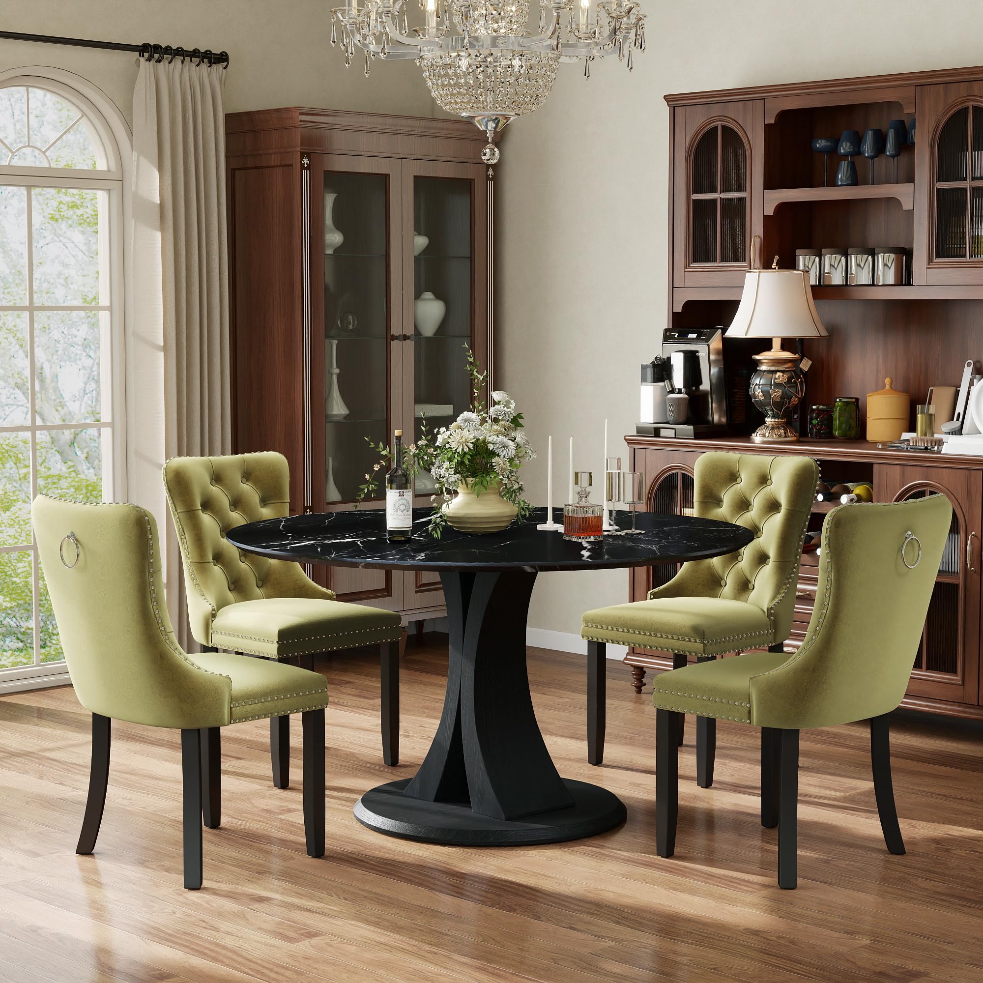 5-Piece Dining Table Set for 4 with 47 In Black Faux Marble Round Table