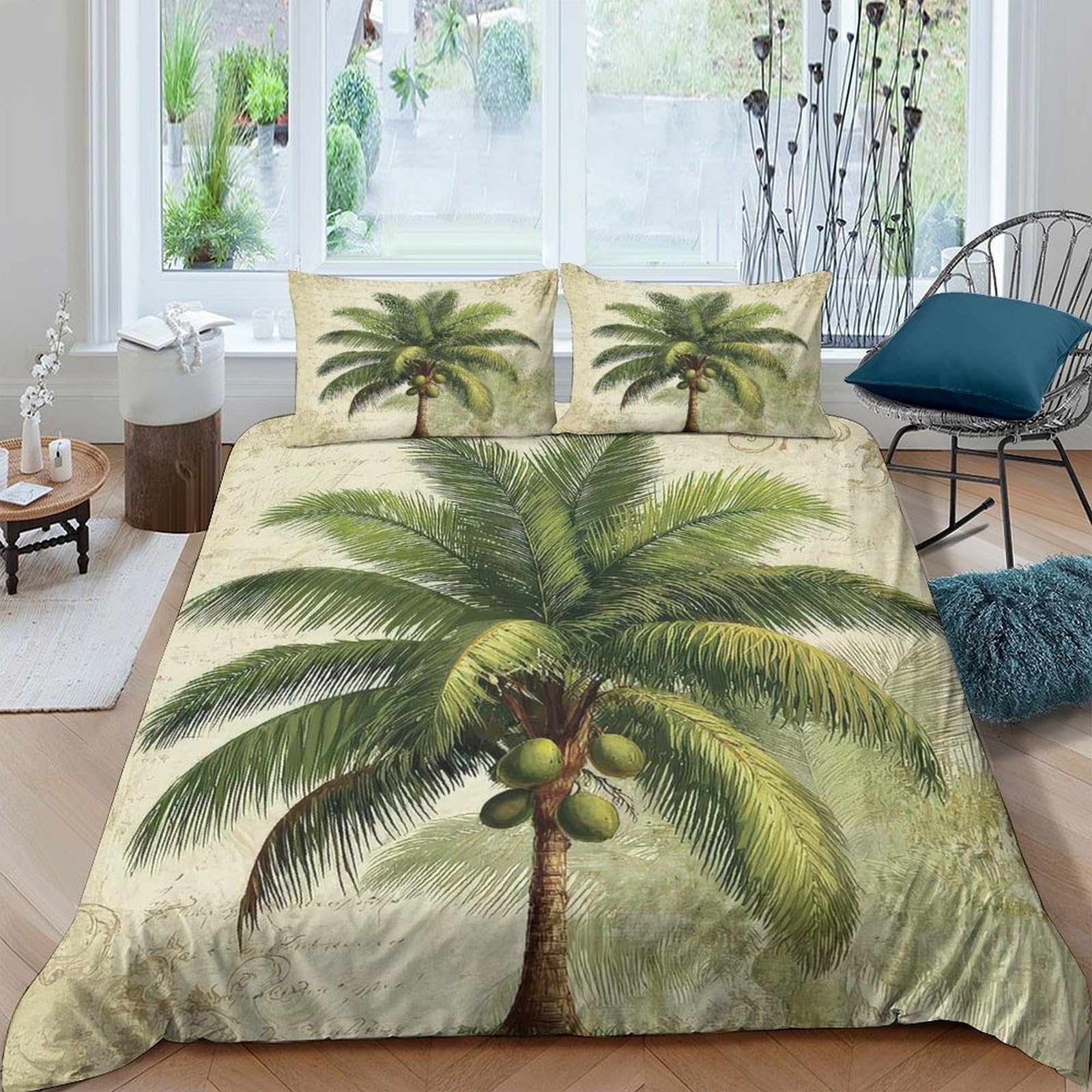 GPLZQXKJNH 3D Printed Tropical Palm Tree Duvet Cover Microfiber Soft Breathable Coconut Beach Bedding Set with 2 Pillowcases for Bedroom Home Single（135x200cm）