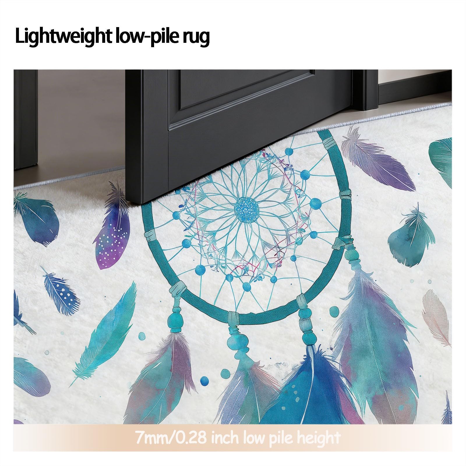 Teppich Rund Boho Wohnzimmer 160 cm Durchmesser | Mit Traumhafter Traumfänger Mit Federn Muster, Geeignet Schlafzimmer Bettvorleger, Kurzflor rutschfest Waschbar, Mehrfarbig Blau