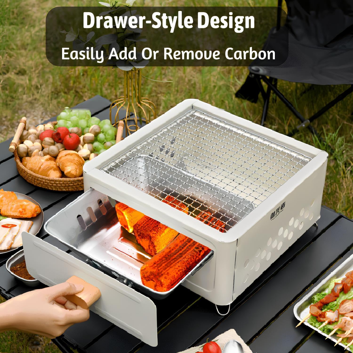 Barbacoa de Mesa para Acampada, Parrilla de Carbón Paranics, Parrilla con Sartén, Bandeja Extraíble para Carbón, Rejillas de Ventilación/White