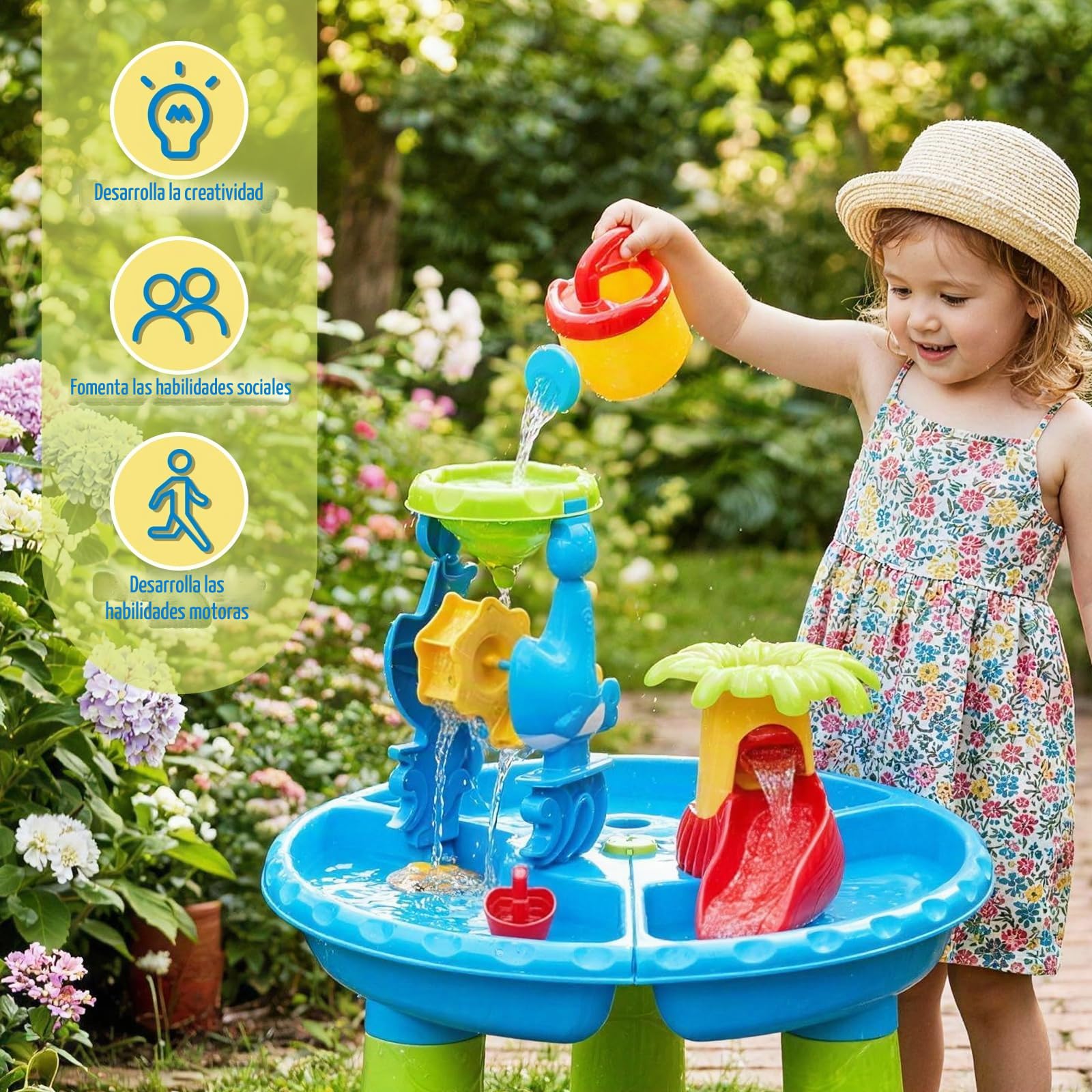 deAO Mesa Arena y Agua para Niños, Azul Mesa Sensorial con Accesorios Palas, Rastrillos, Tolvas, Moldes De Arena, Cubos, Palas Agujereadas, Water Table, Mesas De Juegos Exteriores (Redondeado)