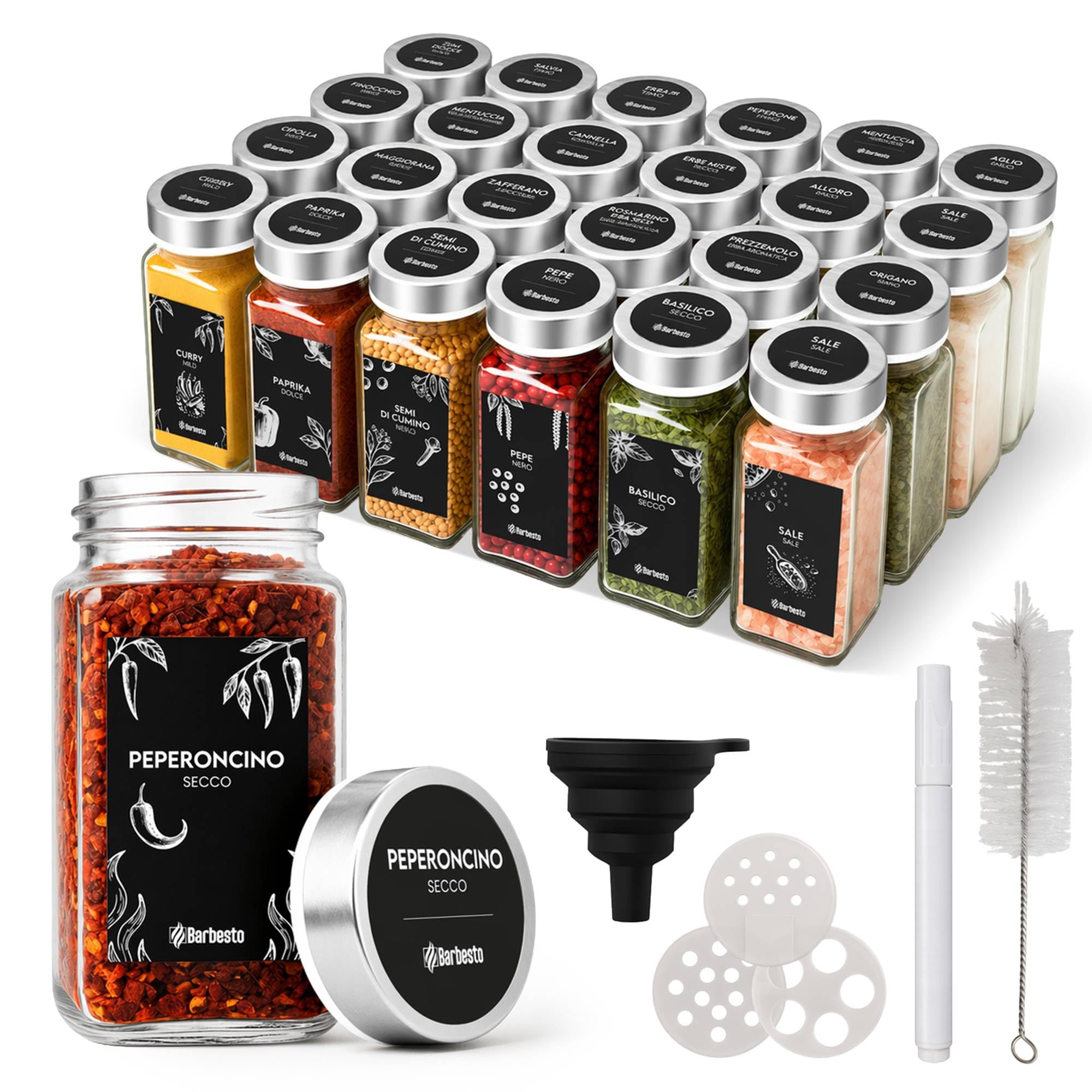 CLP Set da 24 barattoli portaspezie Quadrati (120 ml), spargispezie Piccoli con Inserti dosatori ed Etichette, con Imbuto e spazzolina, Colore:Argento, Materiale:Acciaio
