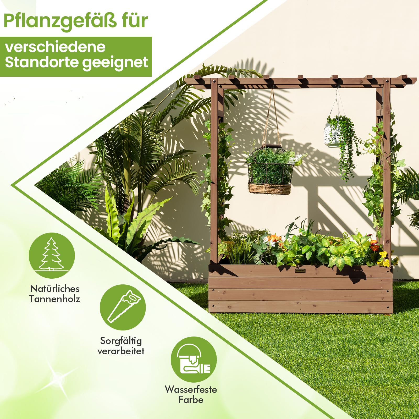 COSTWAY Blumenkasten mit Rankgitter & hngendem Dach, Pflanzkasten mit  Rankhilfe, Hochbeet fr Kletterpflanzen & hngende Krbe, fr Garten Hof  Terrasse, Pflanzkbel Holz, 110x44x113,5cm, Braun: Amazon.de: Garten