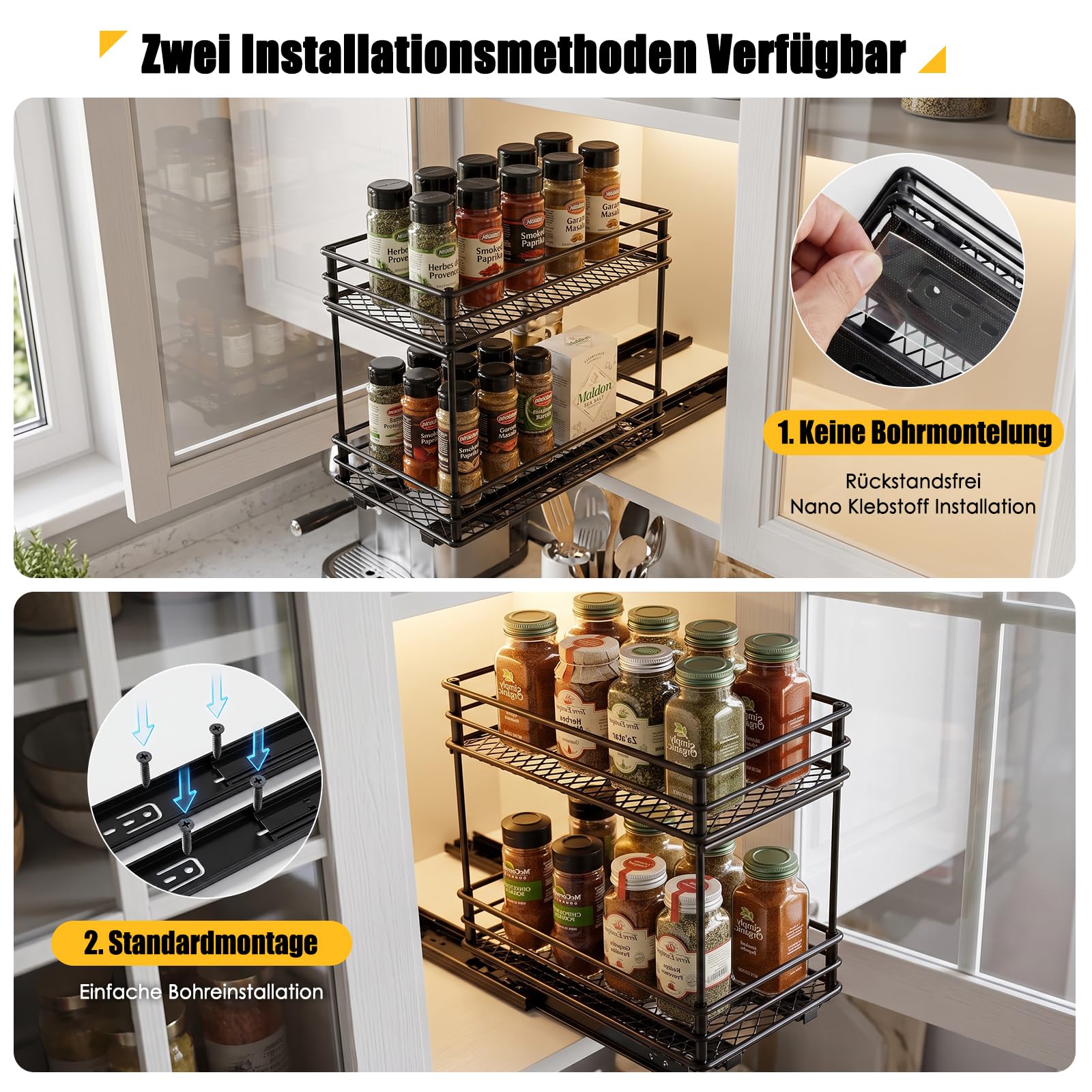 EasyVibe Ewürzregal Ausziehbar für Küchenschrank, 2 Stück, 15cm Breit Gewürzregal Ausziehbar Schrank, Gewürzregal Herausziehen Organizer, Küchenschrank Regal