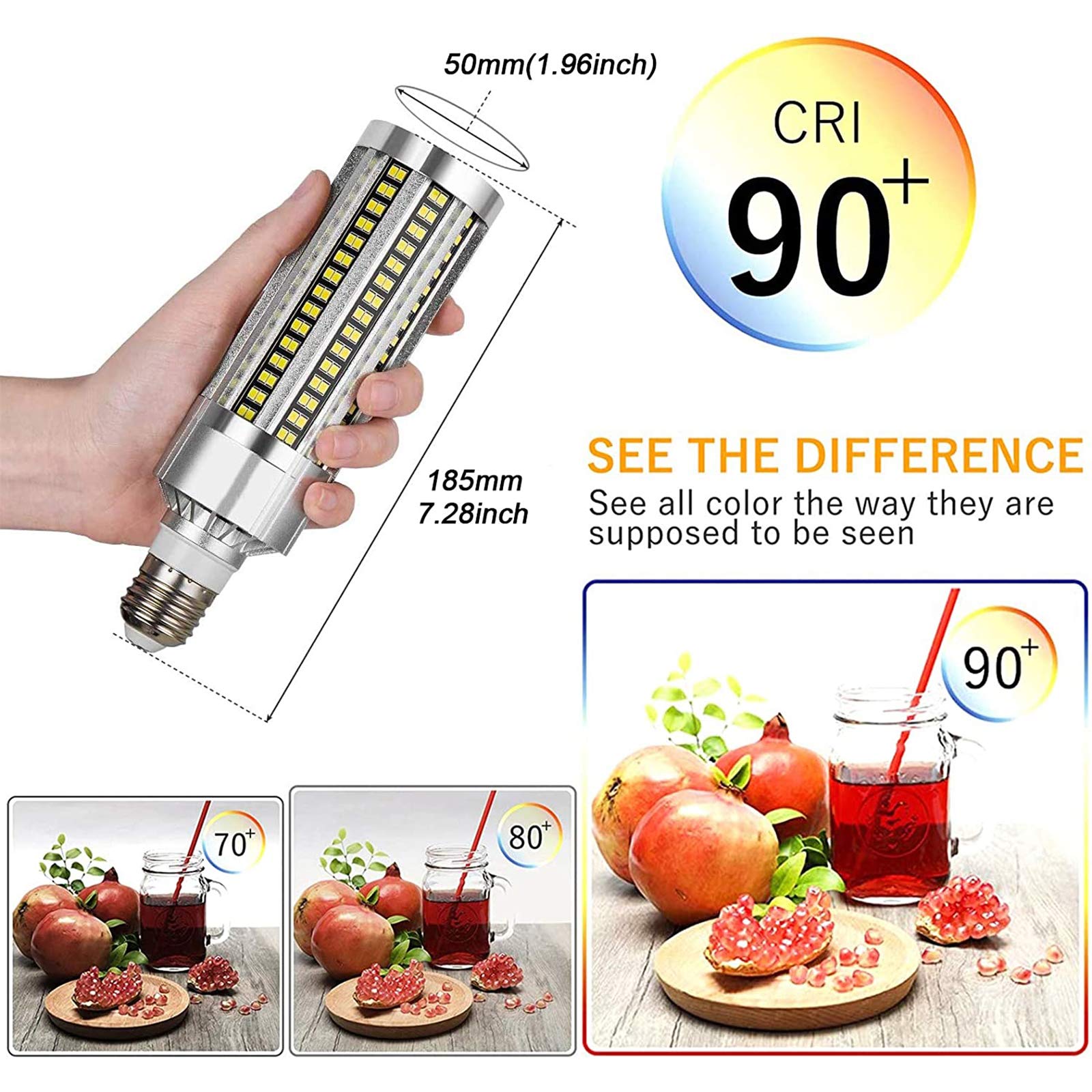 Ampoules LED en forme maïs 60 W, équivalent à une ampoule à incandescence 600 W, 7 200 lm, ampoules à vis Edison E27 avec adaptateur E39, angle faisceau 360 degrés, 2 pièces