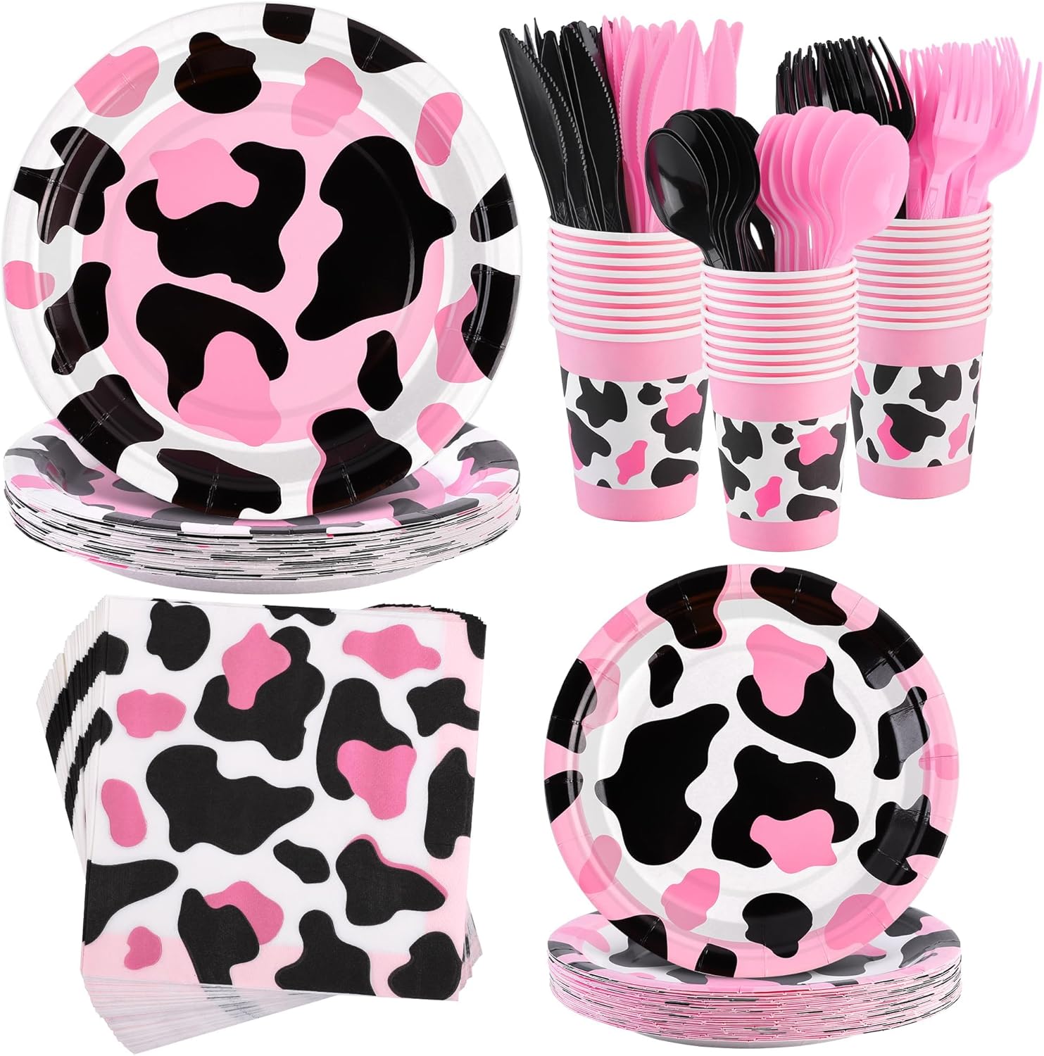 Kochorie 210 Pieces Pink Cow Tableware Set Black Pink Cow Print Dinnerware Supplies Paper Plates Cups Napkins Cutlery for Cowgirl, Baby Shower, Farm Animal Birthday Party Decor, Serve 30 Guests