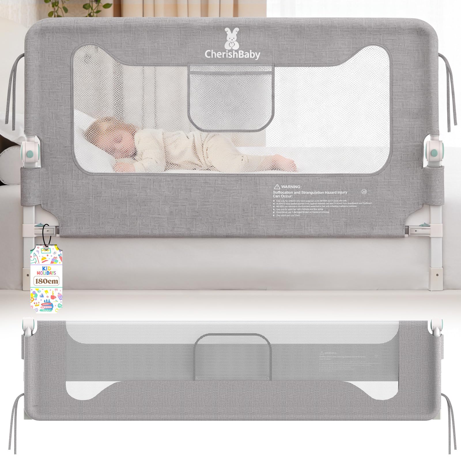 Protezione contro le cadute, letto a molle, 180 cm, griglia di protezione per il letto per neonati e bambini, protezione dalle cadute, pieghevole a 180°, regolabile in altezza, rete traspirante