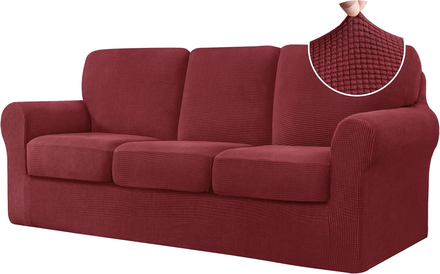 CHUN YI 7 Piece Stretch Sofa Cover, 3 Seater Couch Slipcover with Three Separate Backrests and Cushions with Elastic Band, Checks Spandex Jacquard Fabric(Large,Wine) Large Wine
