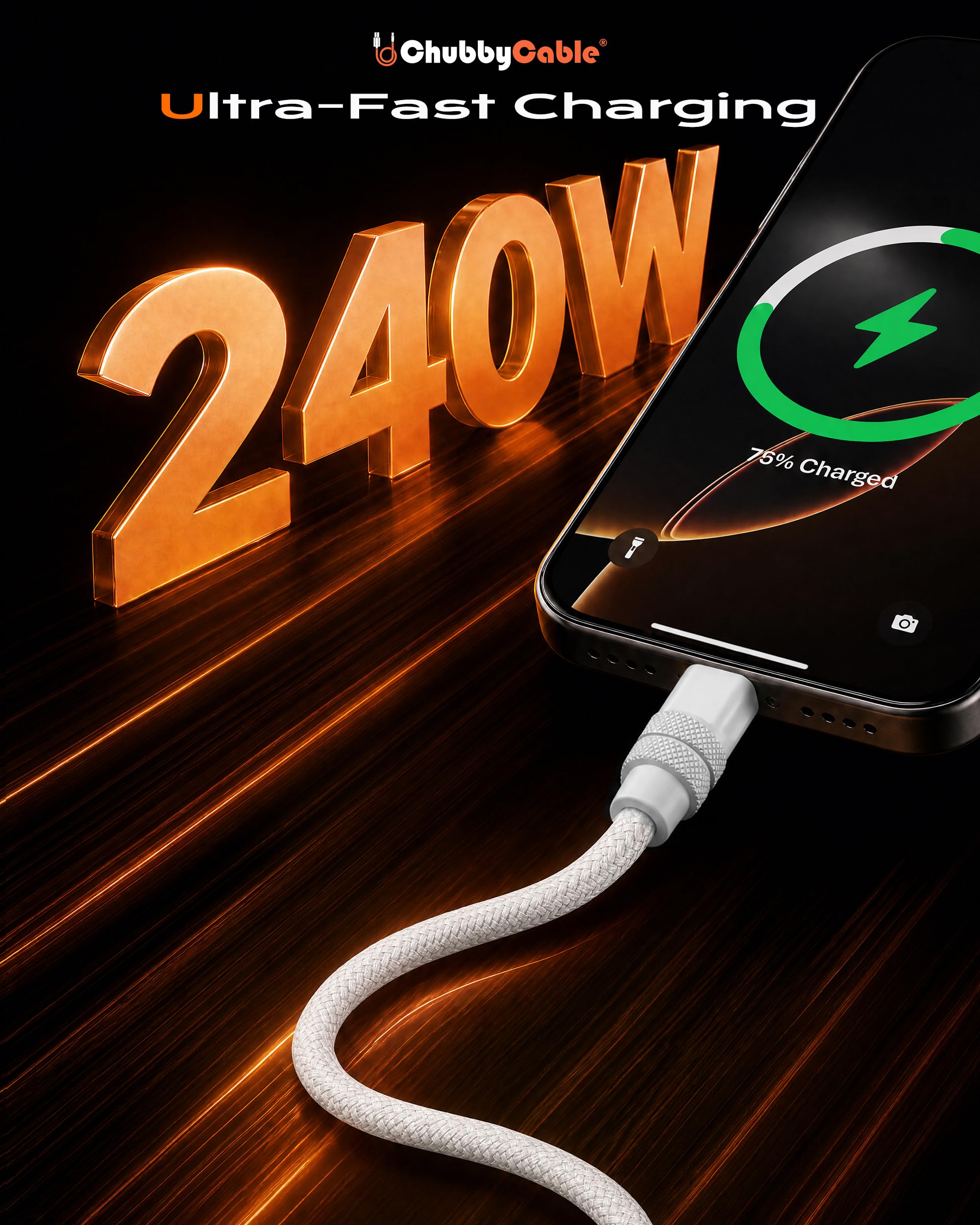 chubbycable Lite - Cavo da USB C a USB C, 240 W, super veloce, tipo C, 3 m, in nylon intrecciato, cavo di ricarica e trasferimento dati durevole per iPhone serie 17-15/MacBook Pro/Air/iPad, nero