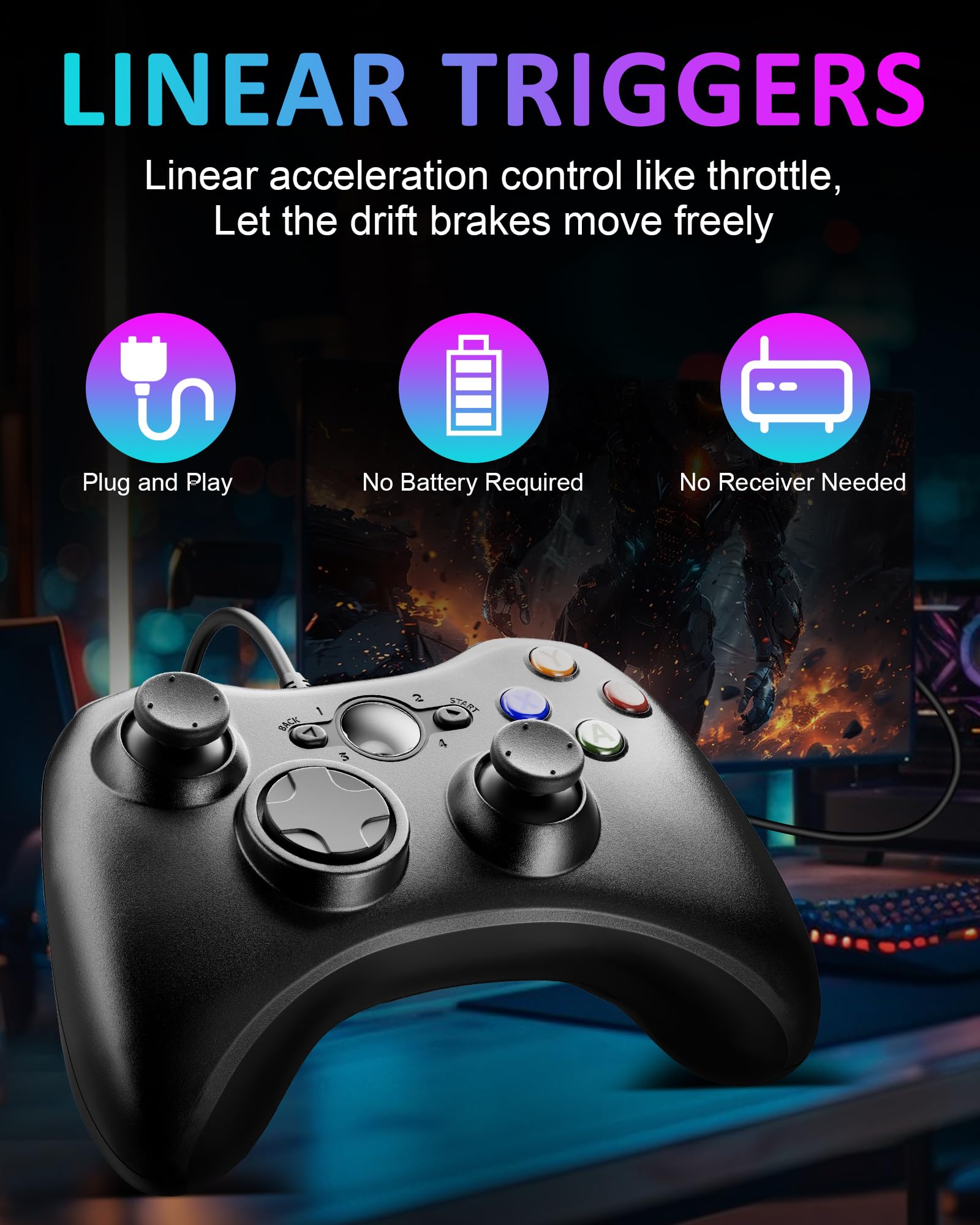 Suoxiom 2 Pack Wired Controller for Xbox 360 PC, USB Gaming Gamepad with Ergonomic Design, Plug & Play Dual Vibration Controller Compatible with Xbox 360 & Windows 10/8/7/XP — view 5