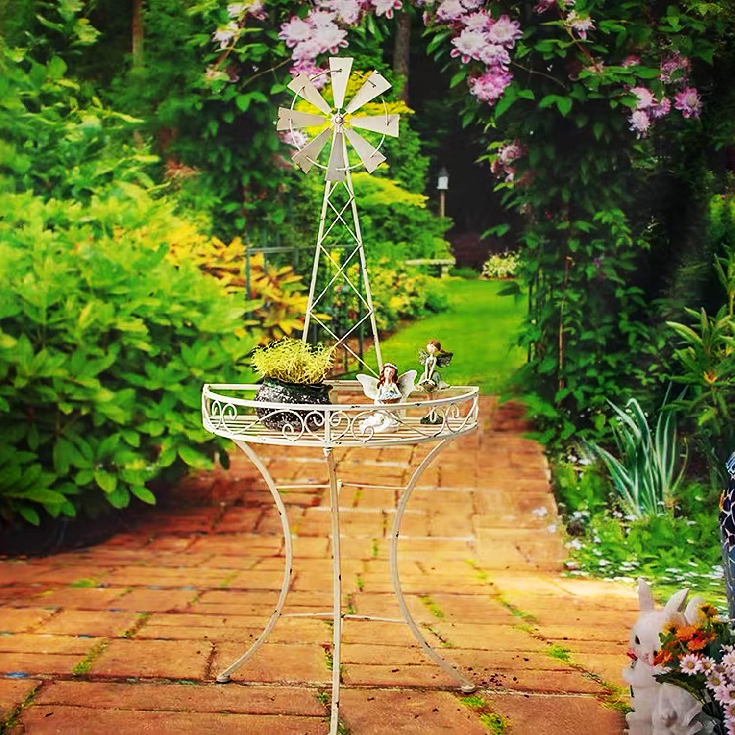 Tavolino bianco da esterno con design rotante con mulino a vento, resistente alle intemperie, tavolo da picnic portatile e tavolo da bistrot per giardino, piscina, portico, supporto per piante da
