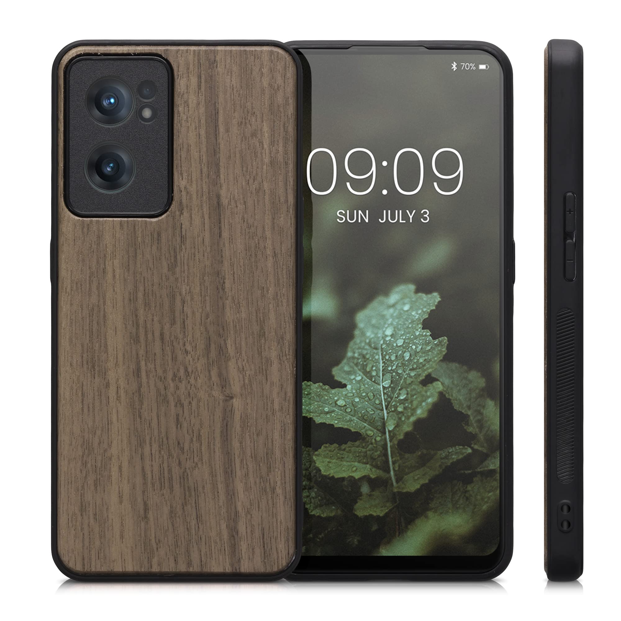 kwmobile Cover Compatibile con OnePlus Nord 2 5G - Custodia in Fibra di Carbonio e Legno - Bumper Anti Urto - Back Protection Marrone Scuro/Nero