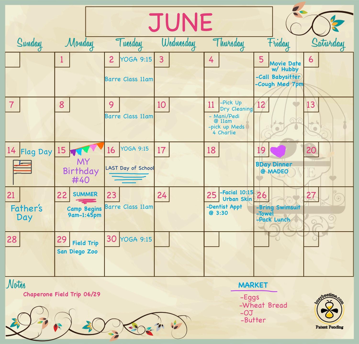 Dry Erase Magnetic Refrigerator Office Dorm Calendar to-Dos and Menu Sheet Love Birds Mint Trim Set busybeetime with Larger Day Boxes