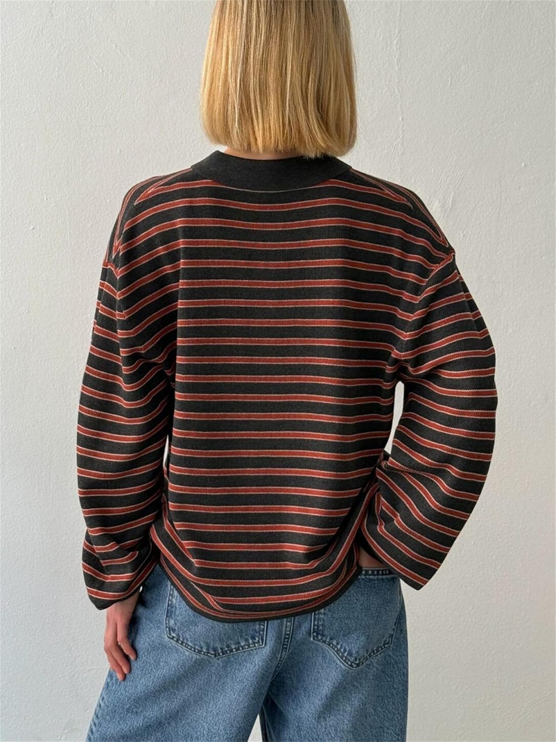 Women Oversied Stripd Rugby Shirt Y2k Long Sleeve Button Collared Preppy Polo Sweater Vintage Aesthetic Streetwear - Image 5