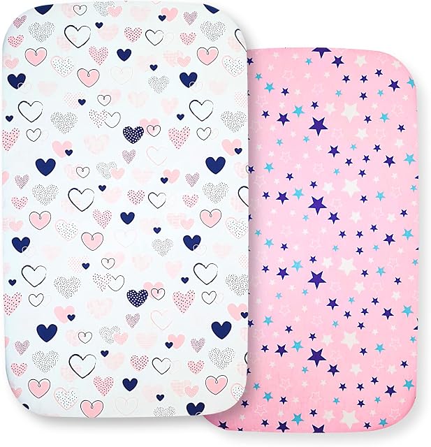 Selemavi Next to Me Crib Sheets  2pcs Crib Baby Sheet Set 100 Percent Organic Cotton Fitted Crib Sheets for Bedside Cribs  Made in Europe (83x50cm, Pink Hearts&Stars)