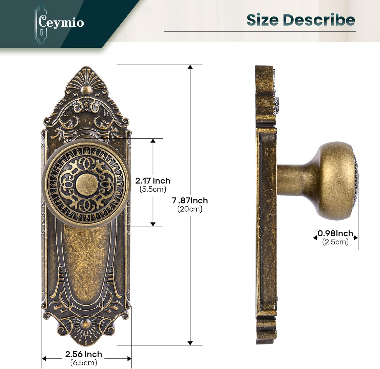 Antique Brass Passage Door Knob, Vintage Interior Non-Locking Door Handle with Plate for Hallway, Closet, Farmhouse Bedroom Bathroom(1 Pack)