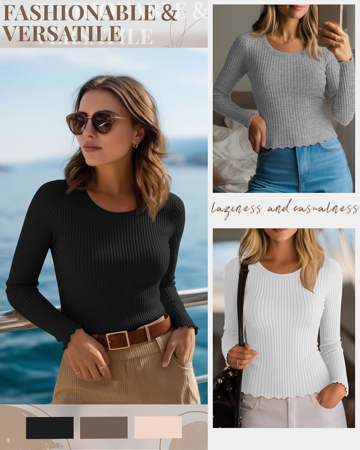 3 Pack Cotton Womens Ribbed Shirt Long Sleeve Undershirt Crewneck Fitted Tops Stretch Knit Lettuce Trim Casual Tee - Image 2