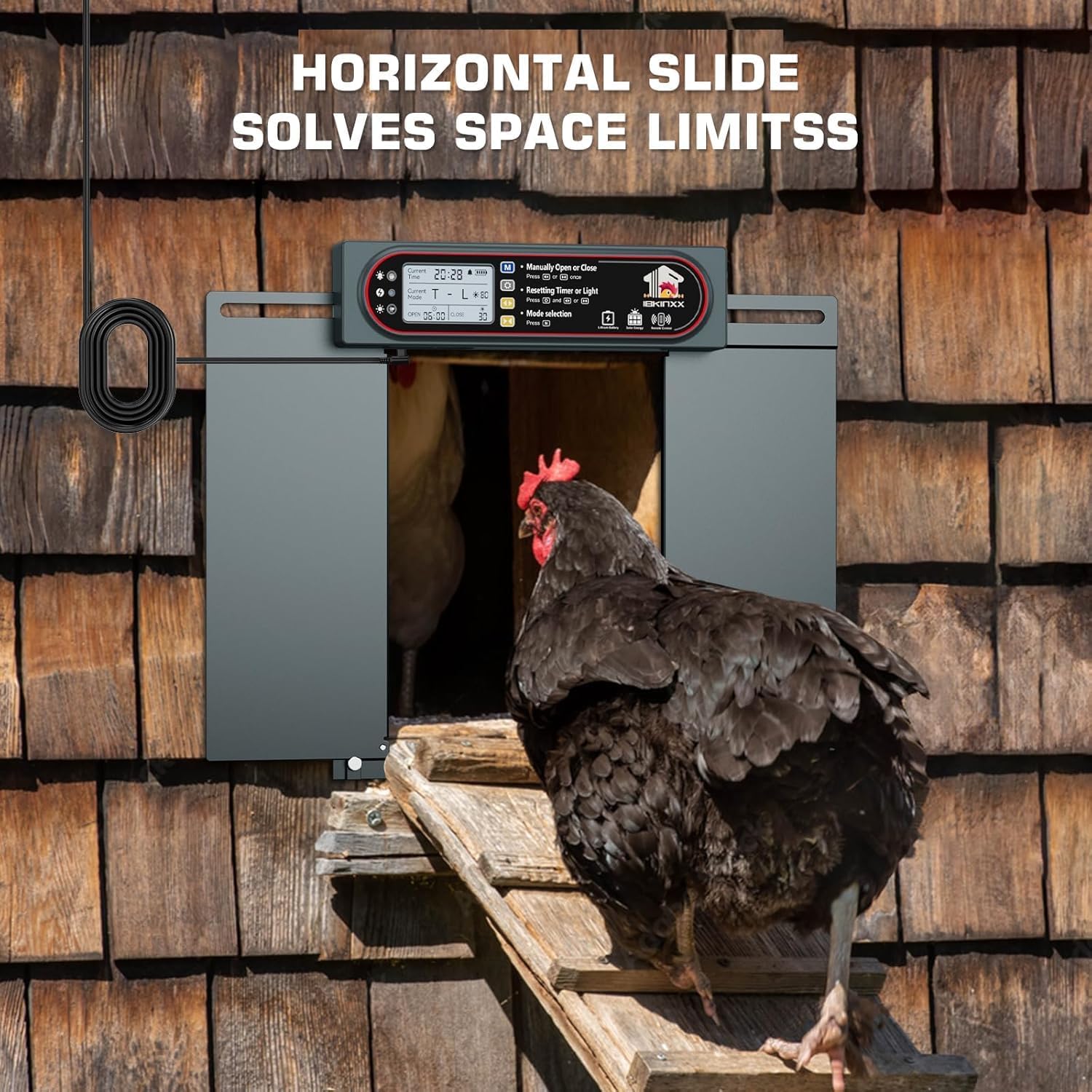 Automatic Chicken Coop Door with Horizontal Dual Opening, Remote & Manual Control, USB Backup, Predator-Proof Larger Opening Size House Door Solar Powered for Chicken, Duck and Poultry