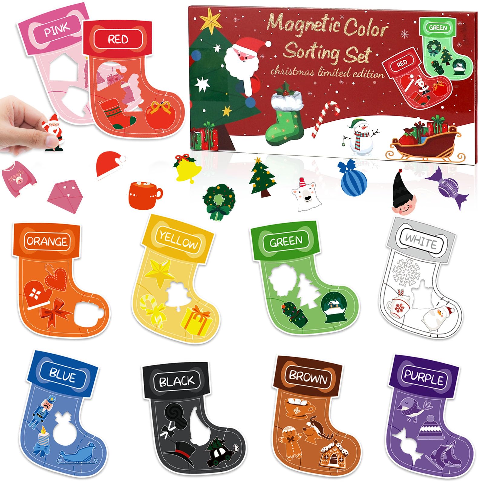 Photo 1 of 10 Pcs Christmas Toys Magnetic Color Sorting Set, Educational Xmas Stocking Whiteboard Fridge Magnets, Colors Matching Games Sensory Toys for Toddlers Kids Preschool Learning Activities