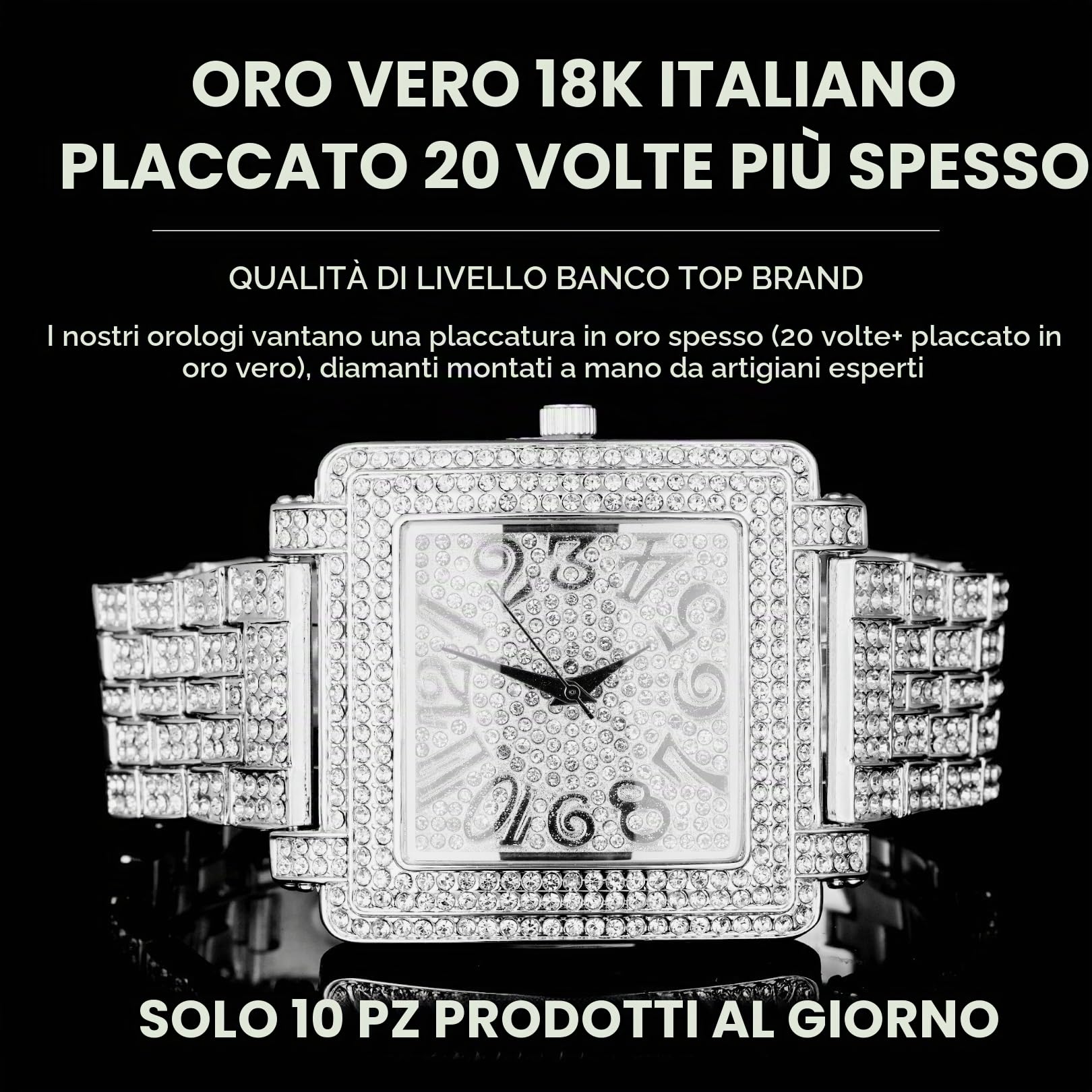 HALUKAKAH Moissanite Orologio in Oro con Diamanti per Uomo,Lusso Placcato in Vero Oro 18k/Oro Bianco Platino,Quadrante Quadrato Extra Grande con Numeri Artistici,Polsino 24cm,con Scatola Regalo