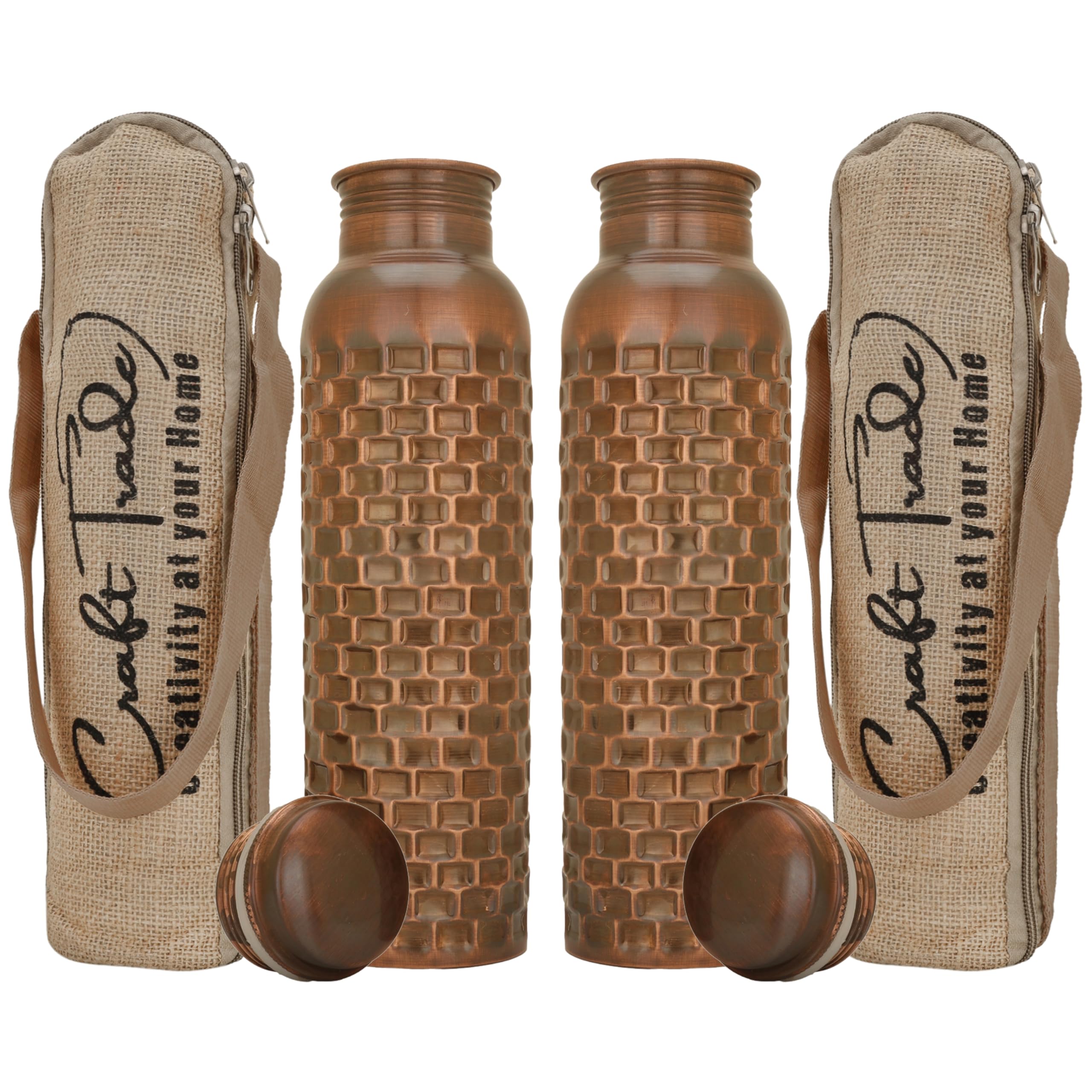 Craft Trade 100% Pure Copper Water Bottle 34 Oz – 1Ltr Ayurvedic Bottle, Ayurveda Inspired Copper Vessel for Wellness, Handcrafted in Brick Pattern with Jute Carry Case, Leak-Proof, BPA-Free - 2 Pk