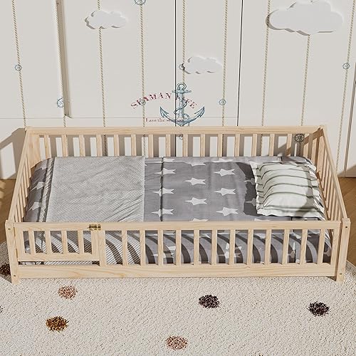 Miniatura 58 de Marco de cama Montessori de madera de tamaño individual con listones de madera, valla y puerta para niños, niñas y niños, espresso (con listones de