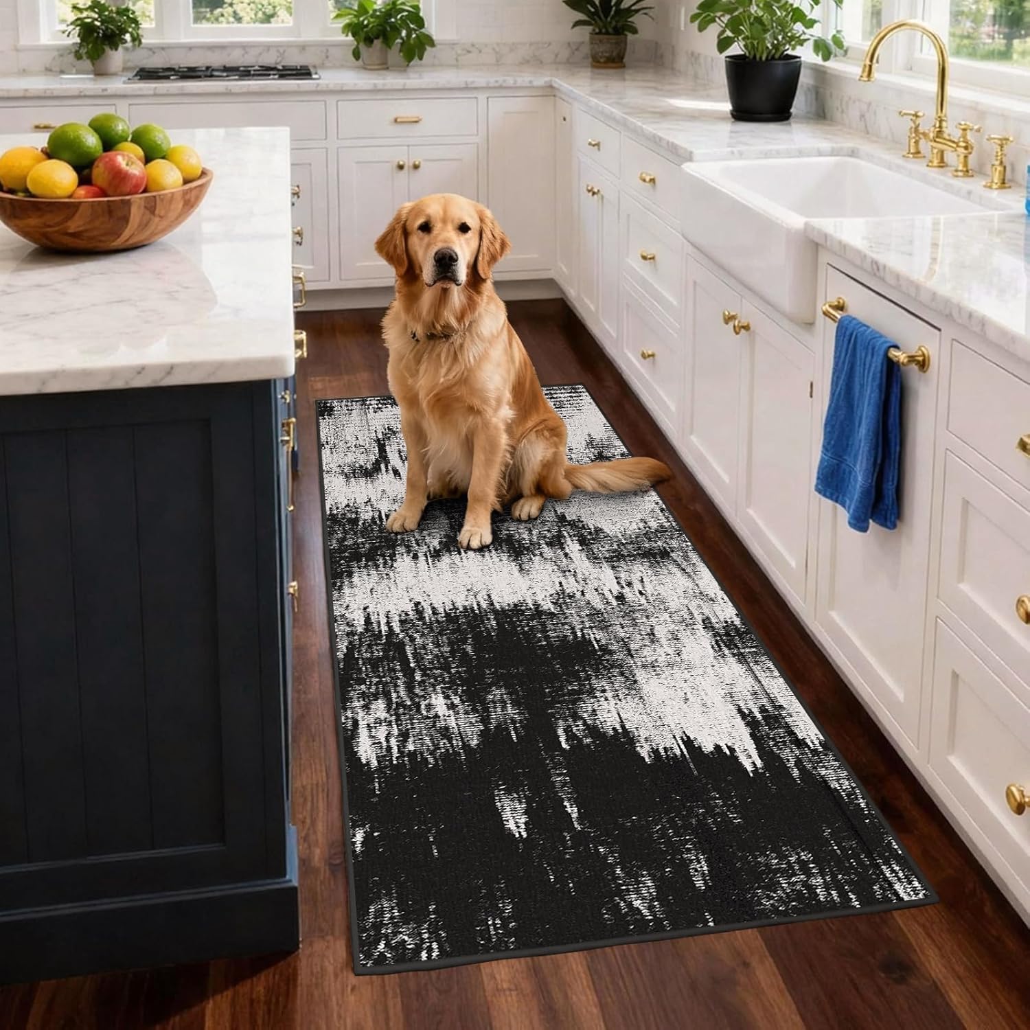 3x6 Kitchen Hallway Runner Rug: Long Washable Rug Runner Non-Slip Indoor Abstract Rugs - Low Pile Soft Floor Runners for Bedroom Living Room Dining Entryway Bathroom Laundry Black White 3x6