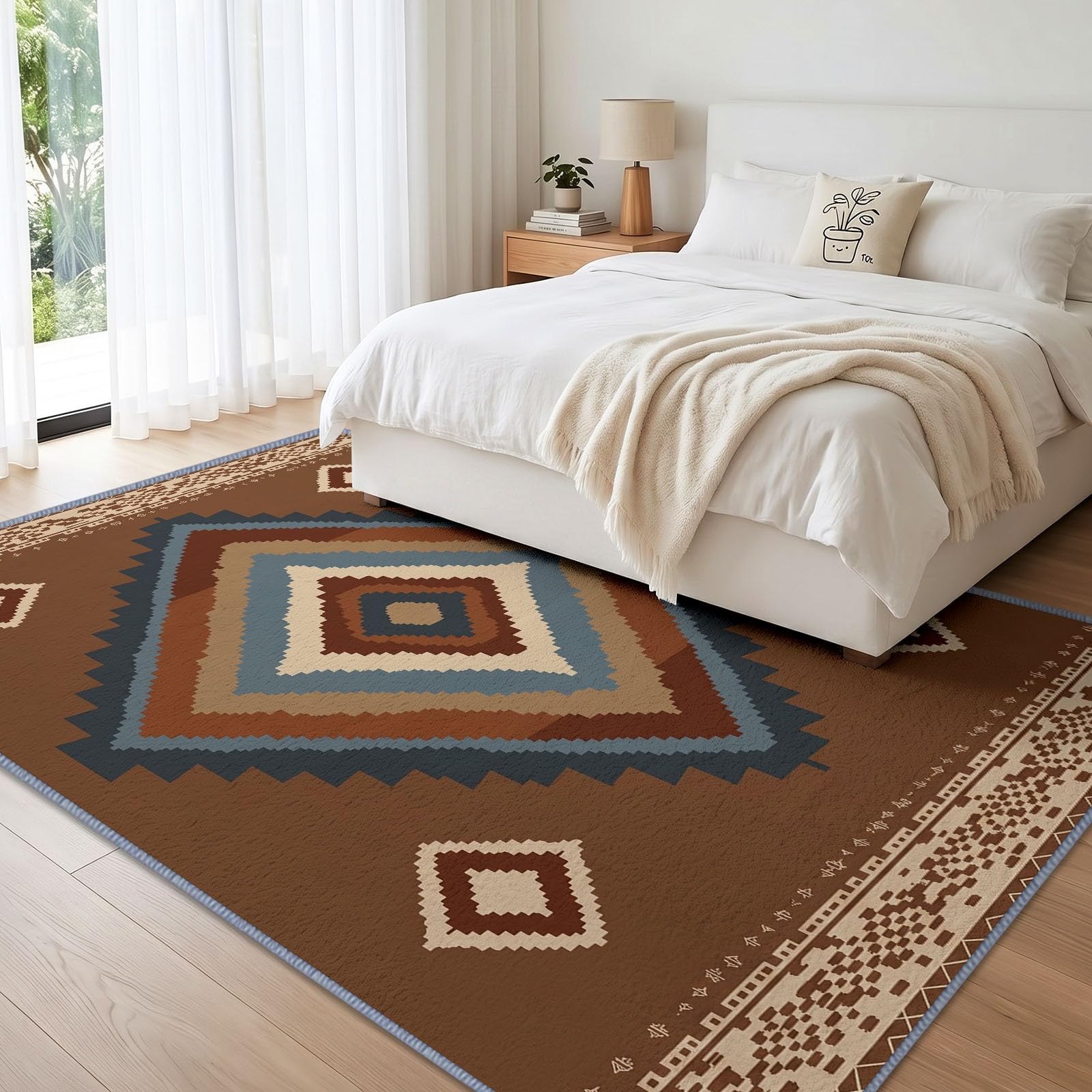 Ethno Waschbarer Teppich 80 x 150 cm, Wohnzimmer Indigen Geometrisch Rautenmuster rutschfest Weich Teppich für Schlafzimmer, Esszimmer, Büro