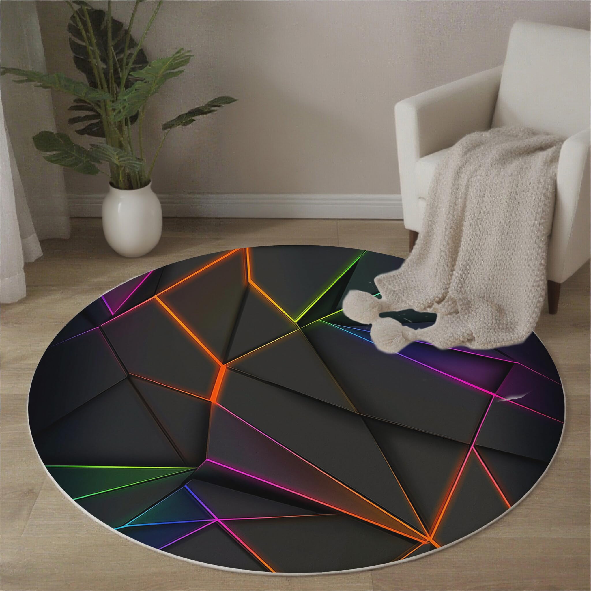 Tapis rond cybertechnologie noir 120cm à lignes polygonales de salon