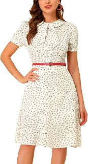 Women's Peter Pan Collar Tie Neck Short Sleeves A-Line Elegant Belted Vintage Floral Dress