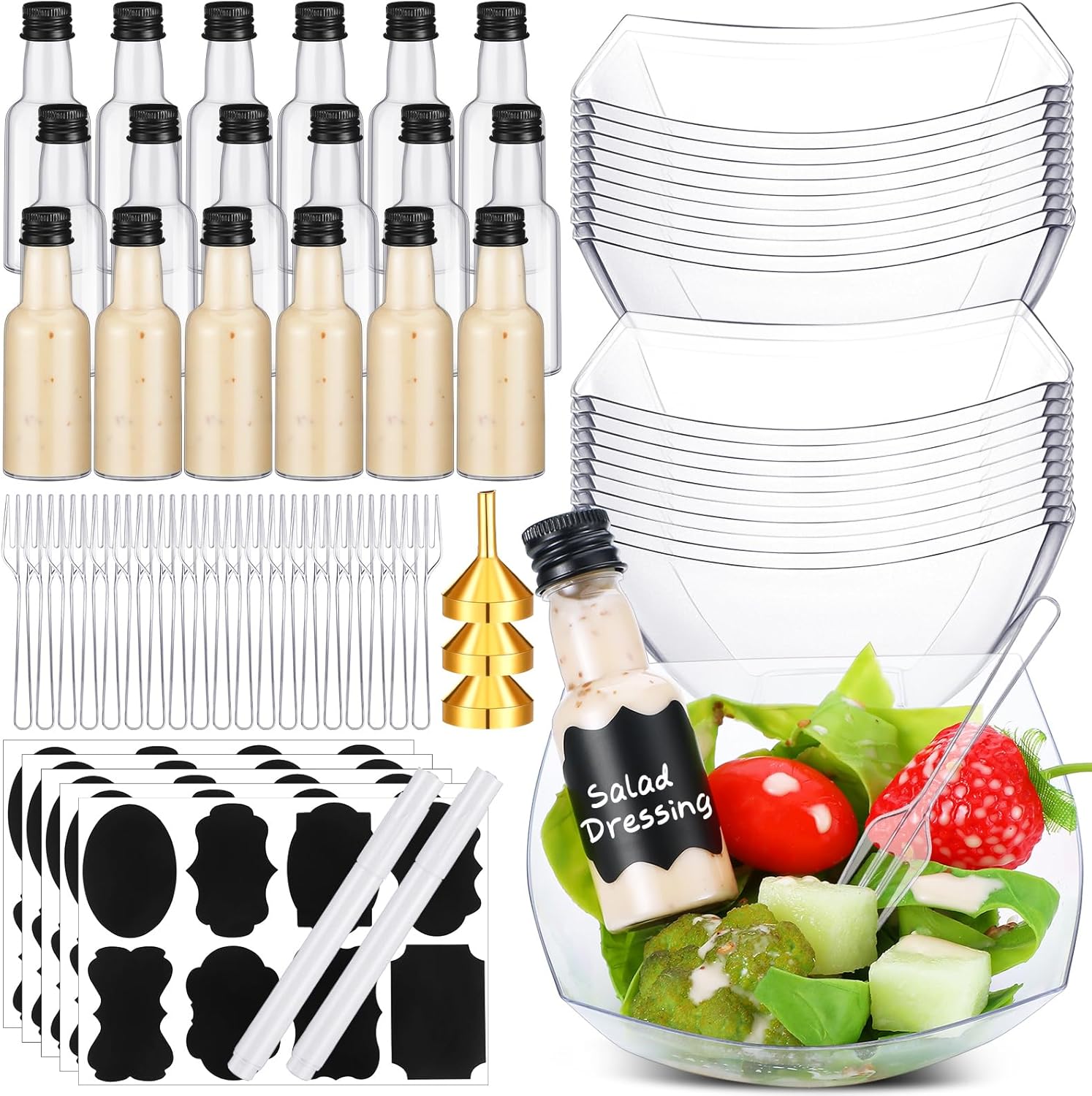 Honeydak 36 Set Salad Appetizer Cups Charcuterie Cups with Mini Dressing Bottles 8oz Square Plastic Serving Bowls Mini Forks Funnels Labels for Dinner Wedding Birthday
