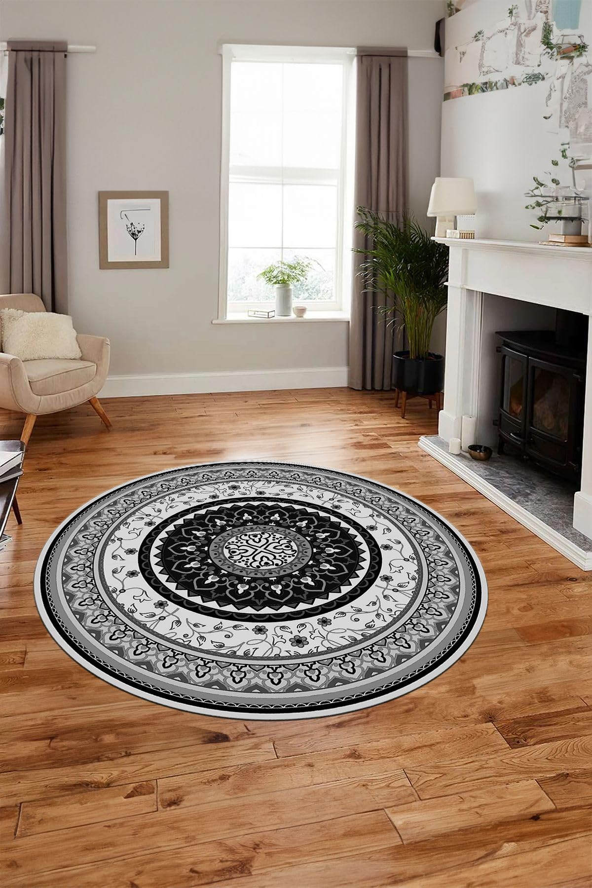 Evdeya Göbekli Klasik Dijital Kaymaz Taban Yıkanabilir Yuvarlak Mutfak Salon Halısı Y-KLASİK-18, Gri, 60 x 60