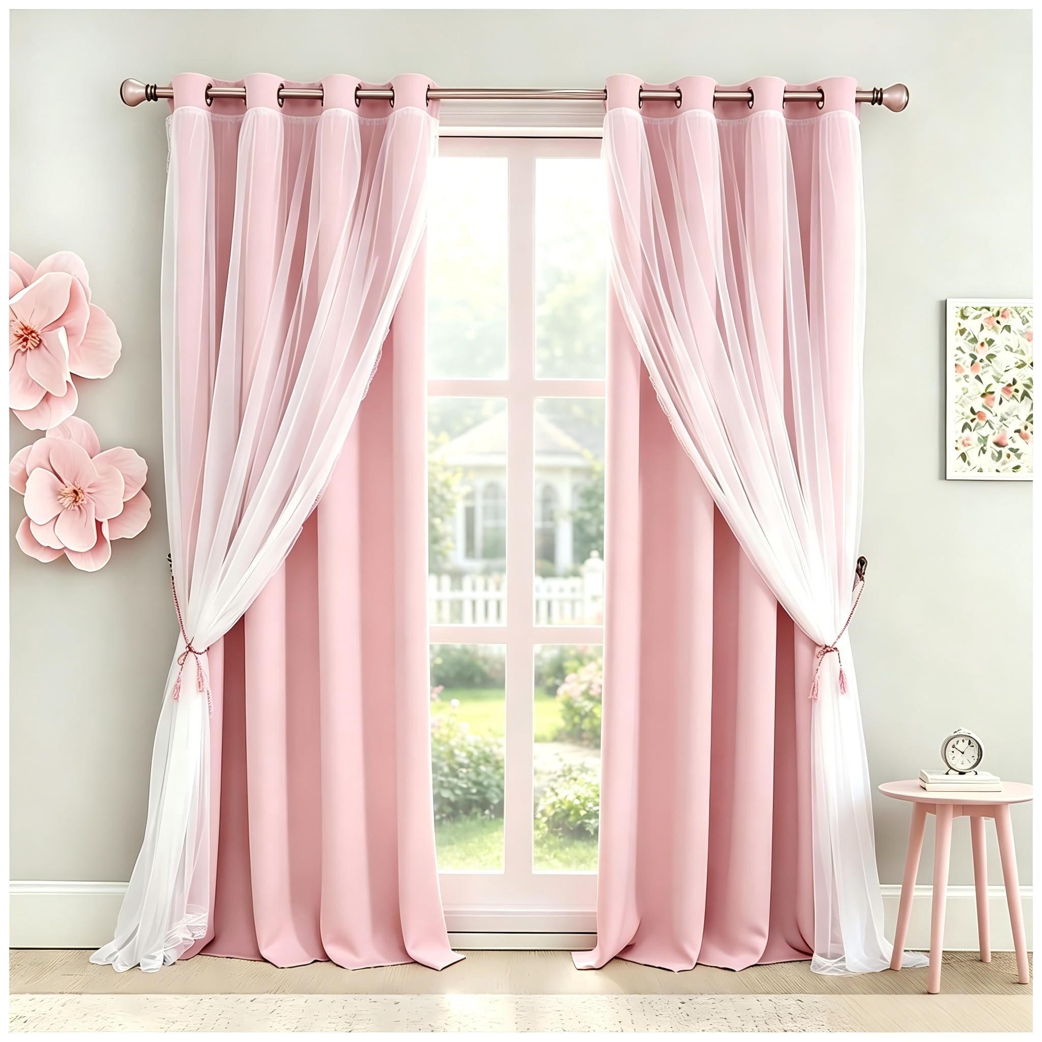Tende oscuranti rosa 213,4 cm di lunghezza, a doppio strato, per camera da letto dei bambini, soggiorno, cameretta dei bambini, orlo in pizzo rosa, 2 pezzi