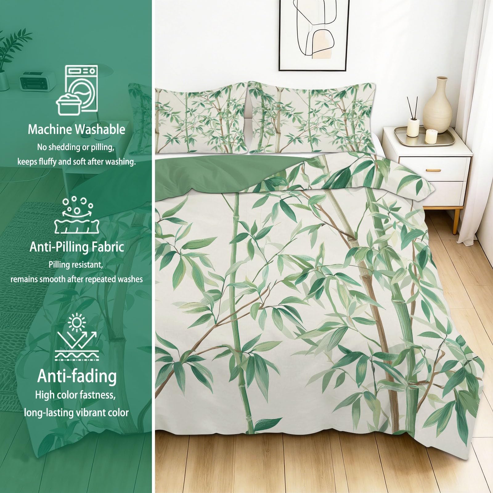 Zestaw poszewek na kołdrę 200 x 200 cm natura bambus rośliny, zestaw poszewek na kołdrę z miękkiej mikrofibry z nadrukiem cyfrowym 3-częściowy z 2 poszewkami na poduszki, pościel z zamkiem