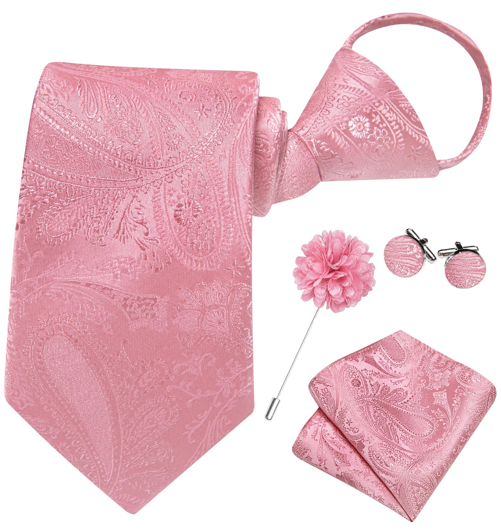 Hi-Tie Zipper Pink Paisley Ties for Men Adjustable Pre-Tied Necktie Lapel Pin Pocket Square Cufflinks Set
