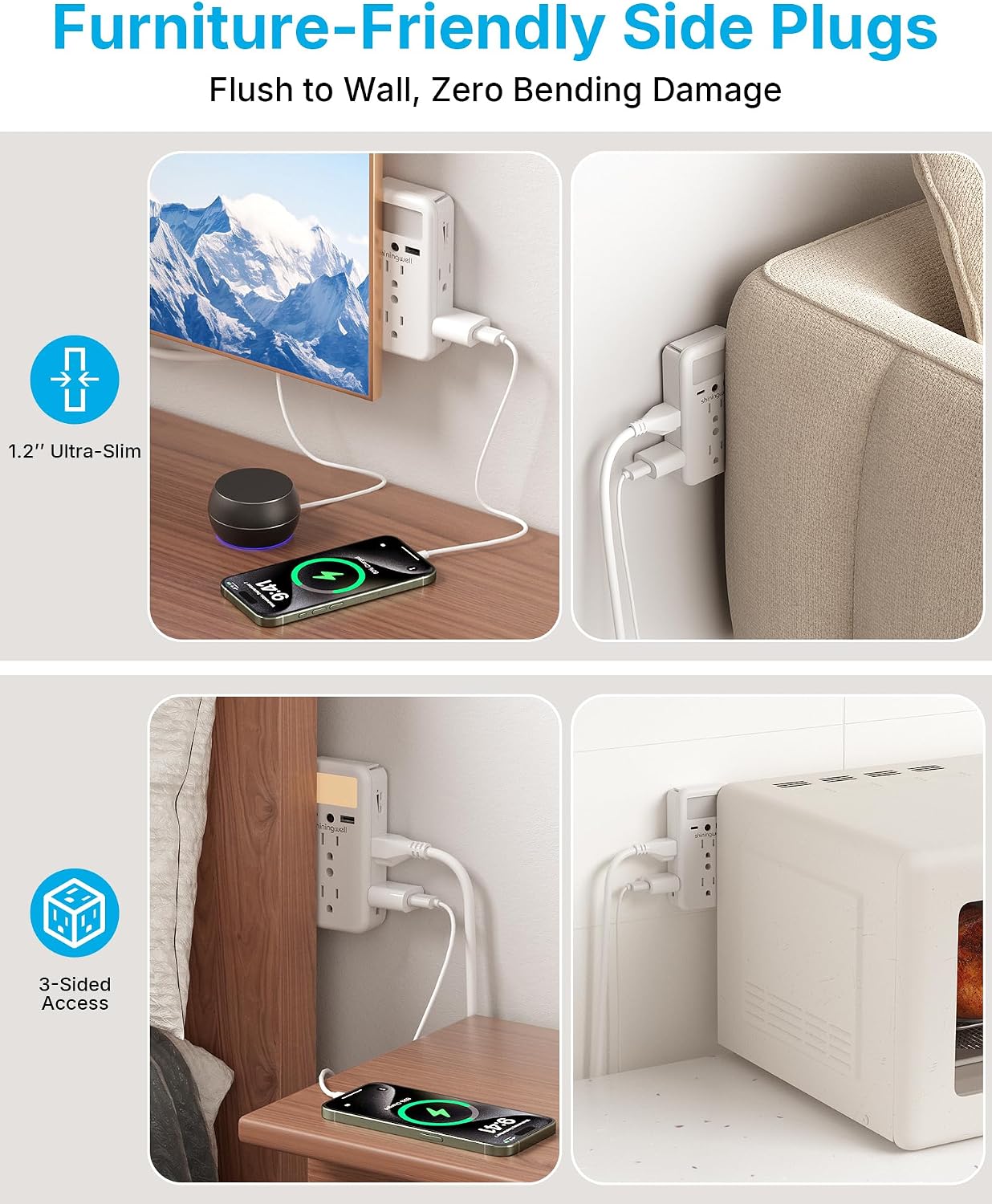 Wall Outlet Extender 6 AC Outlets, with Shelf and Night Light, White | Mount Multi Plug Expander with 2 USB (1A+1C) and , 3-Sided Flat Electric Outlet Splitter for Home and Office Use