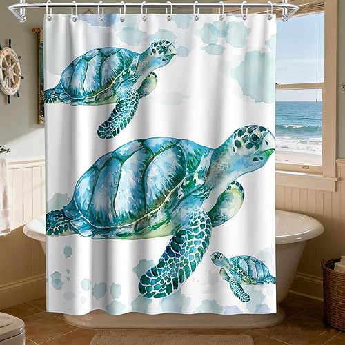 Vista 153 de Cortina de ducha de tortugas marinas, temática náutica de playa, verde y verde azulado, sin ganchos, punto gofre y forro desmontable, decoración