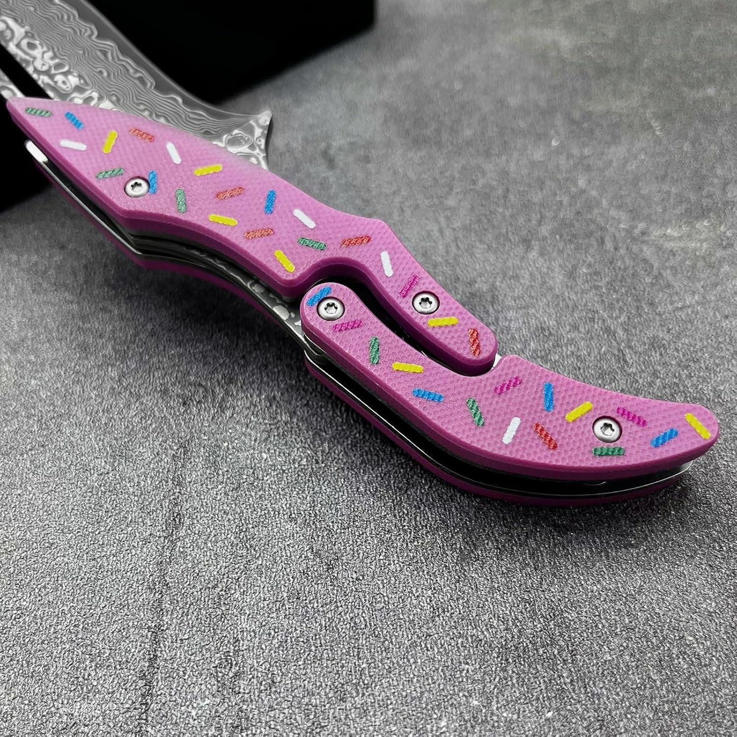 Damascus Pocket Knife with Donut Design G10 Handle, 3.5-inch Blade, Folding Knife for Outdoor Camping (Pink Donut)